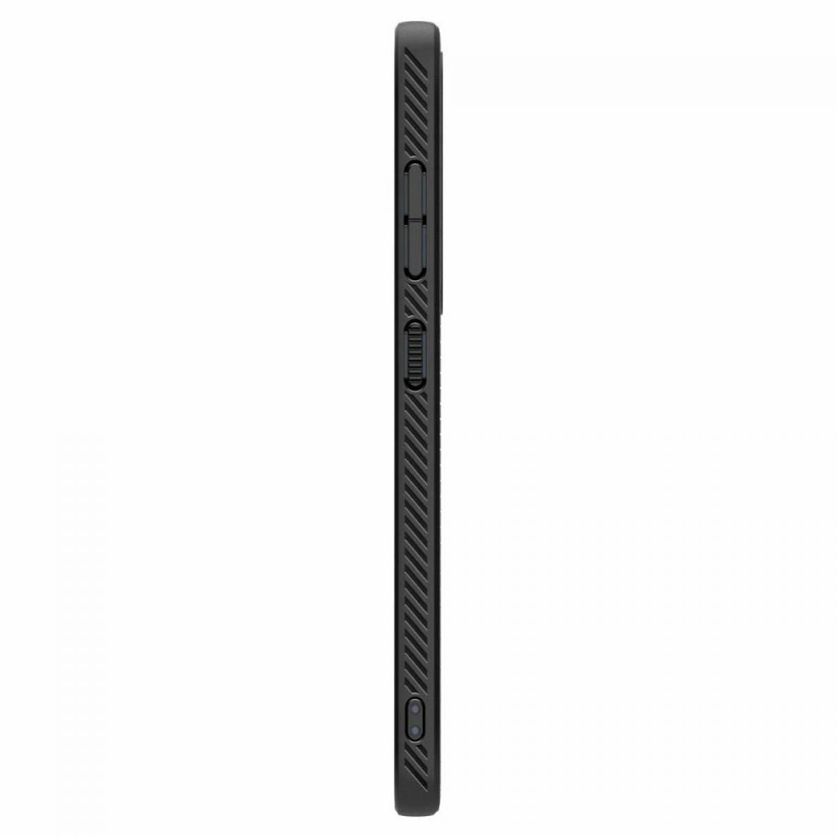 Widok z boku czarnego etui na telefon z teksturowanym wzorem i bocznymi przyciskami.