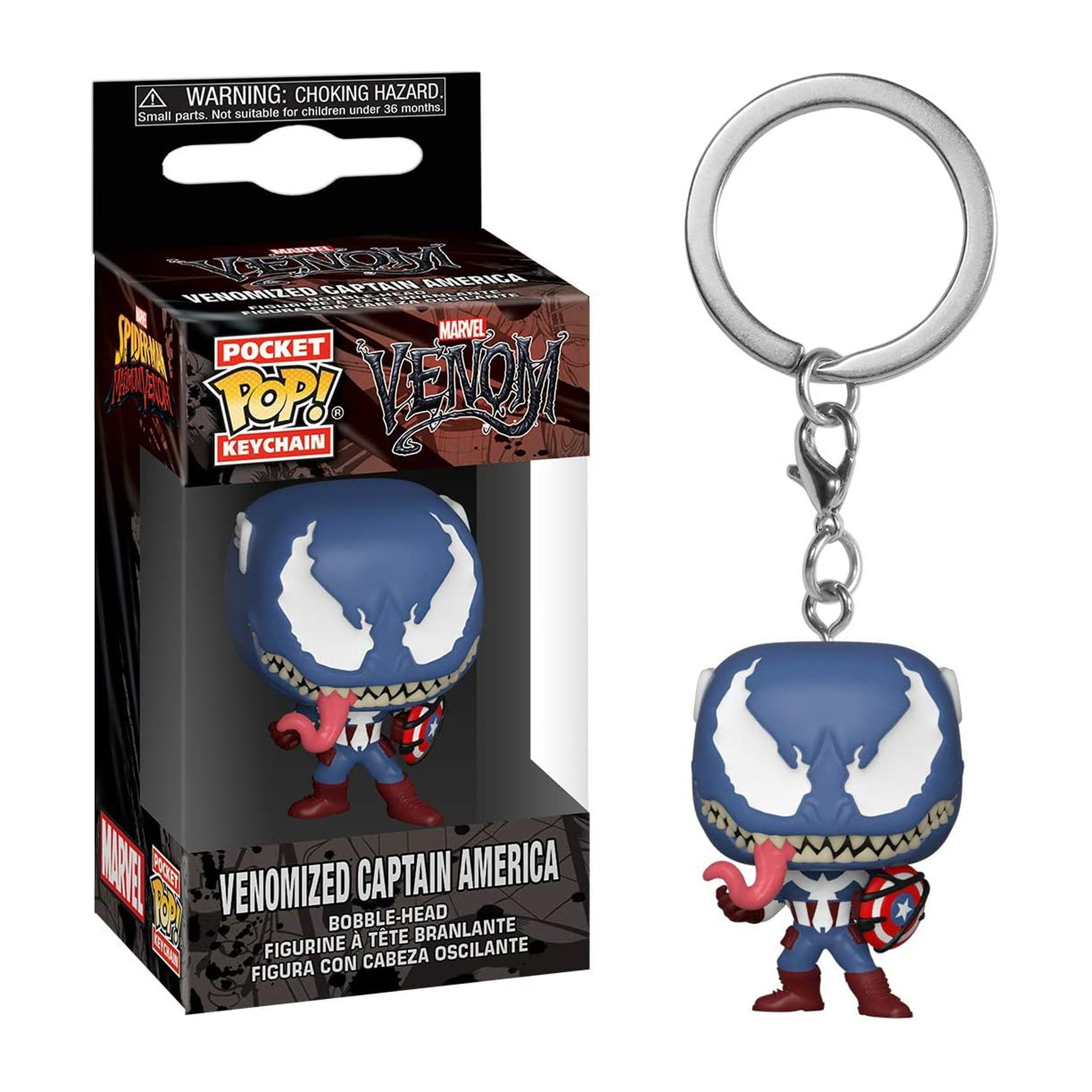 Brelok Venomized Captain America z pudełkiem. Figurka ma niebieską głowę i czerwony strój.