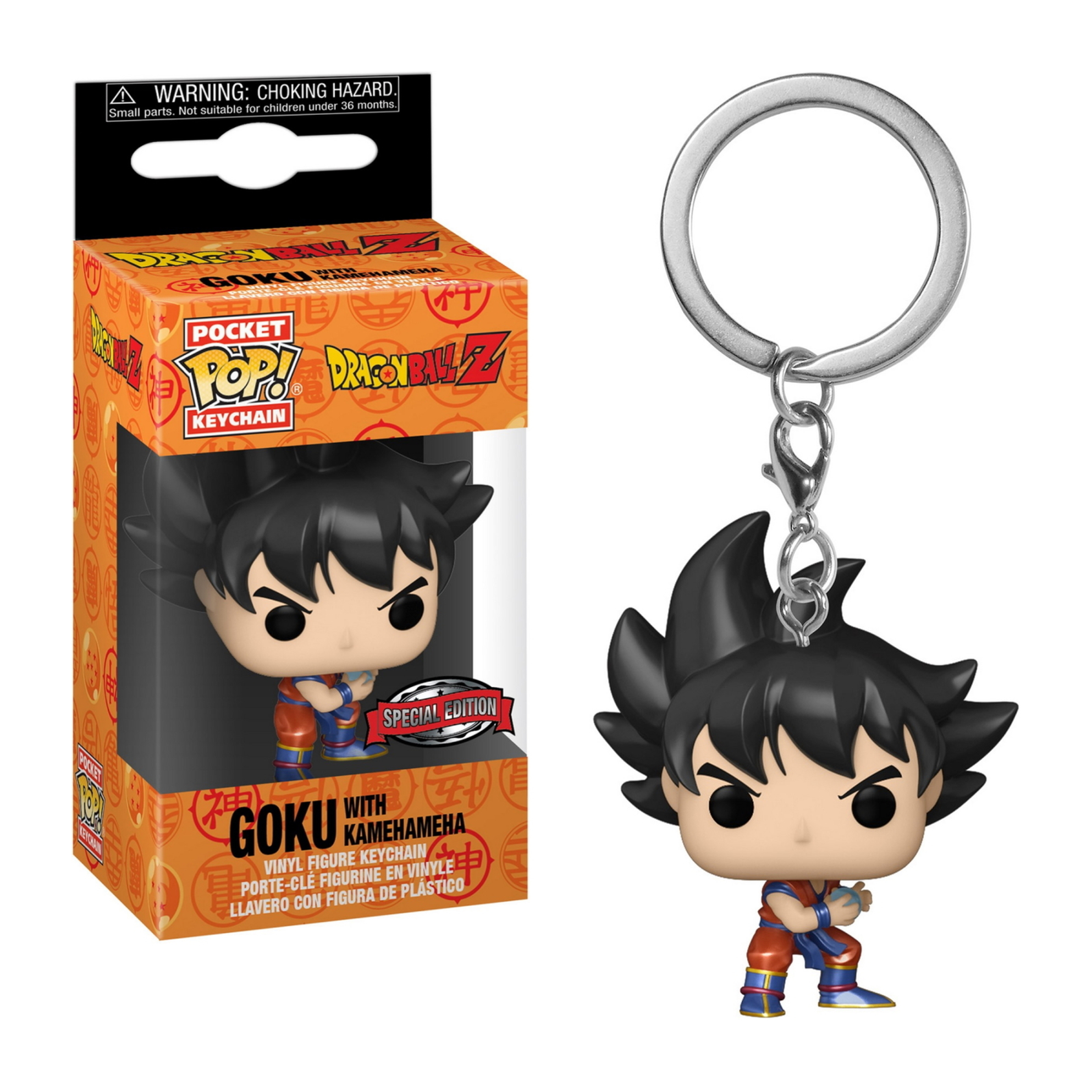 Goku-Schlüsselanhängerfigur in Box, orange, blau, schwarzes Haar, posierend.