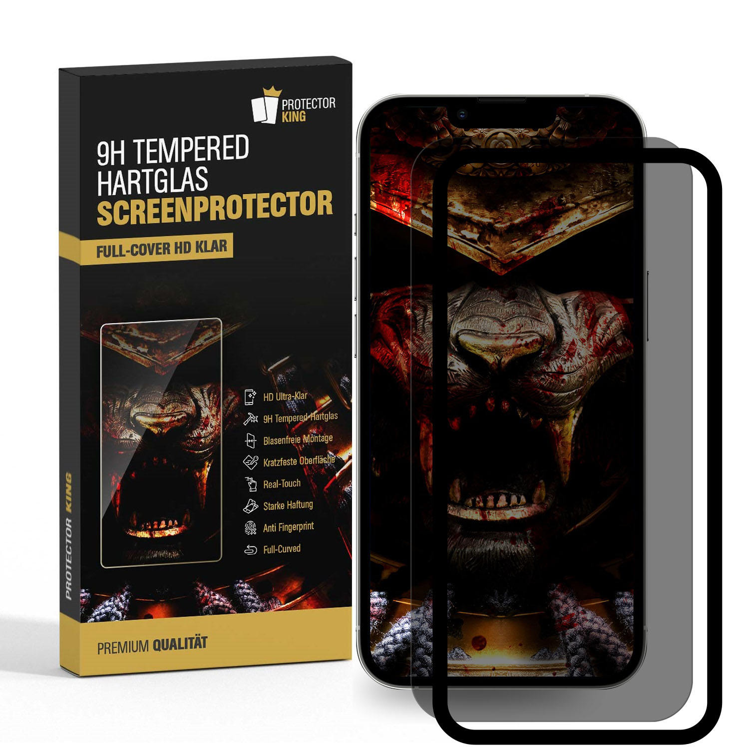 Displayschutzfolie und Verpackung. Gorilla-Gesicht auf dem Telefonbildschirm.