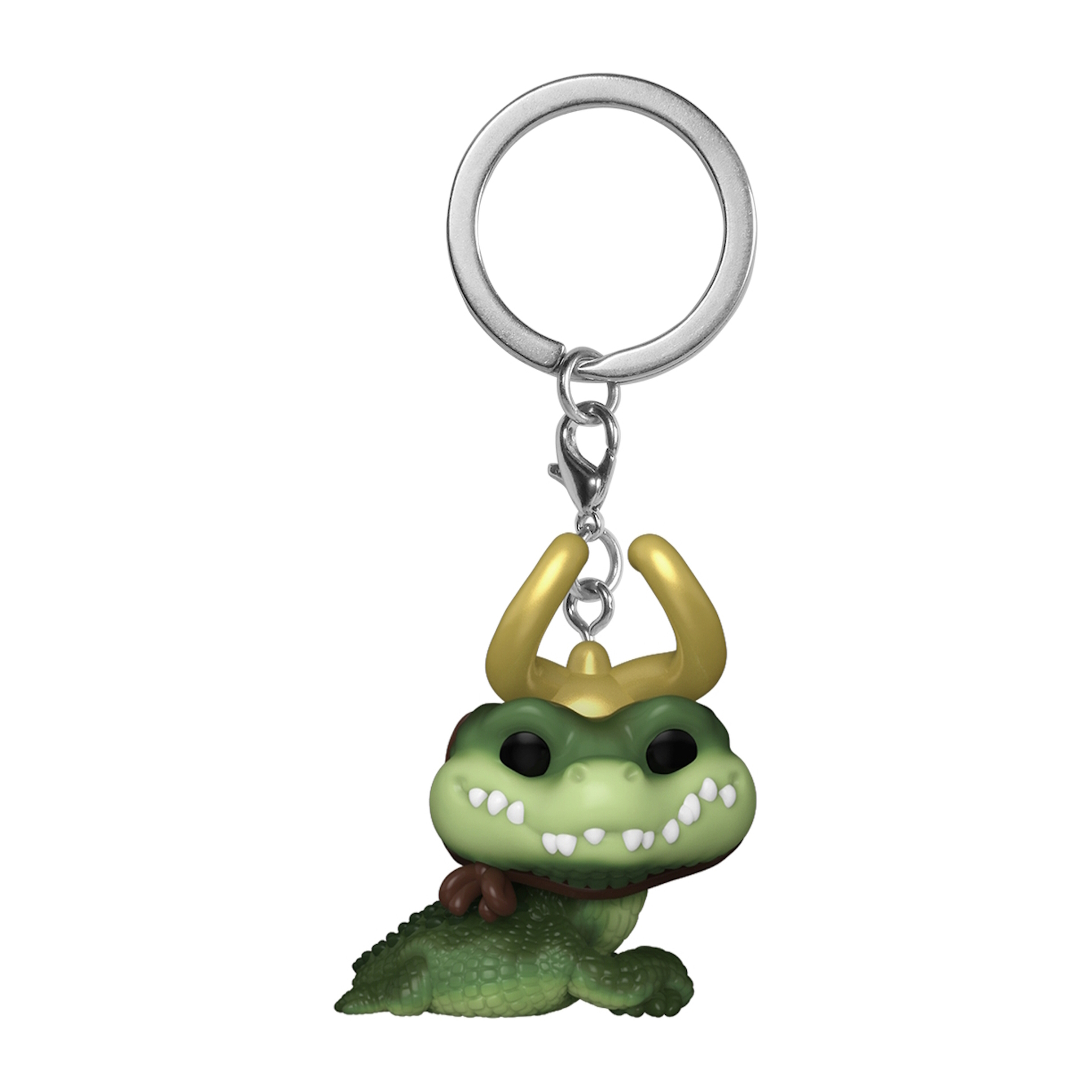 Una figura verde parecida a un cocodrilo con cuernos dorados, un collar rojo y un llavero plateado.