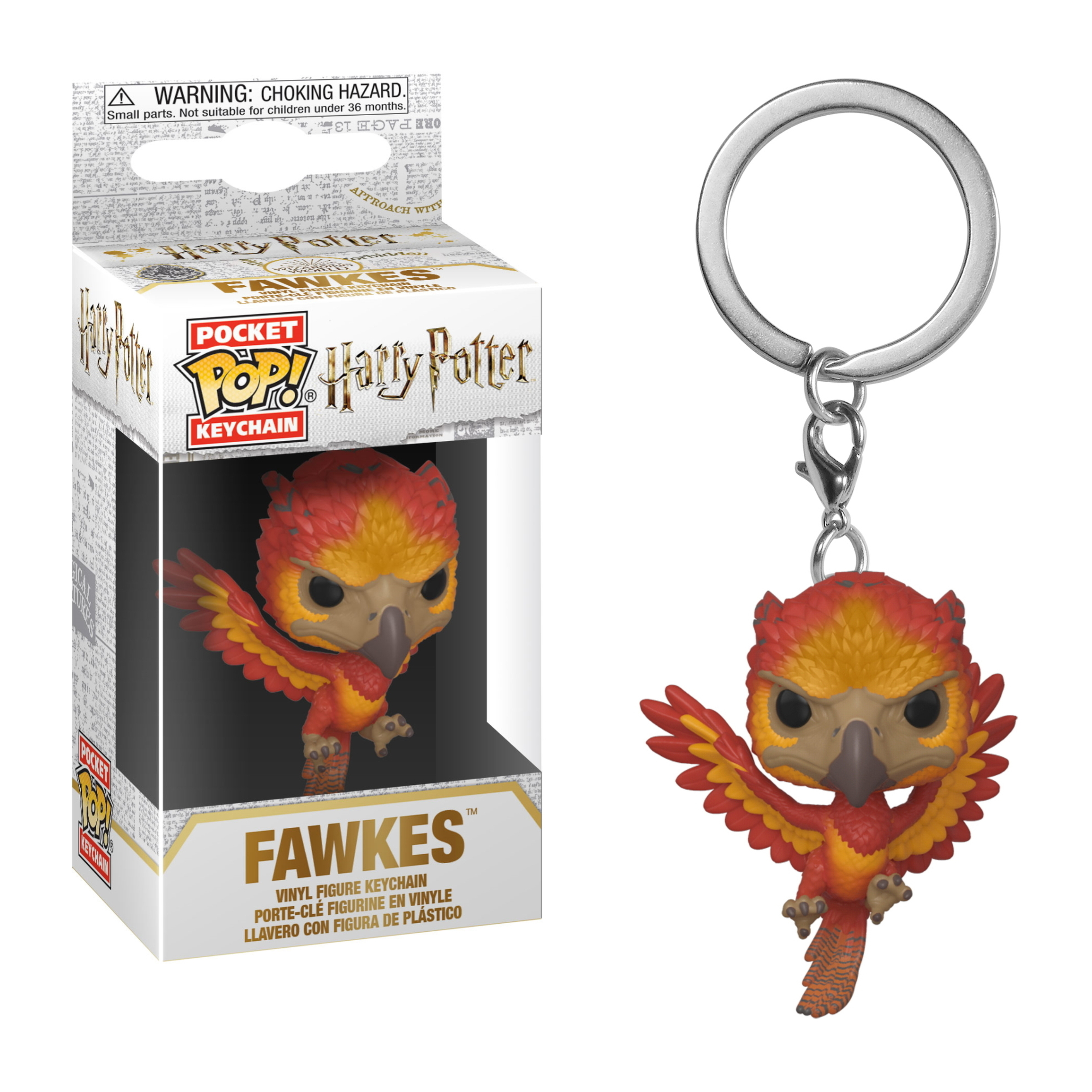 Eine Harry Potter Fawkes-Schlüsselanhängerfigur in einer Box und die Figur allein.
