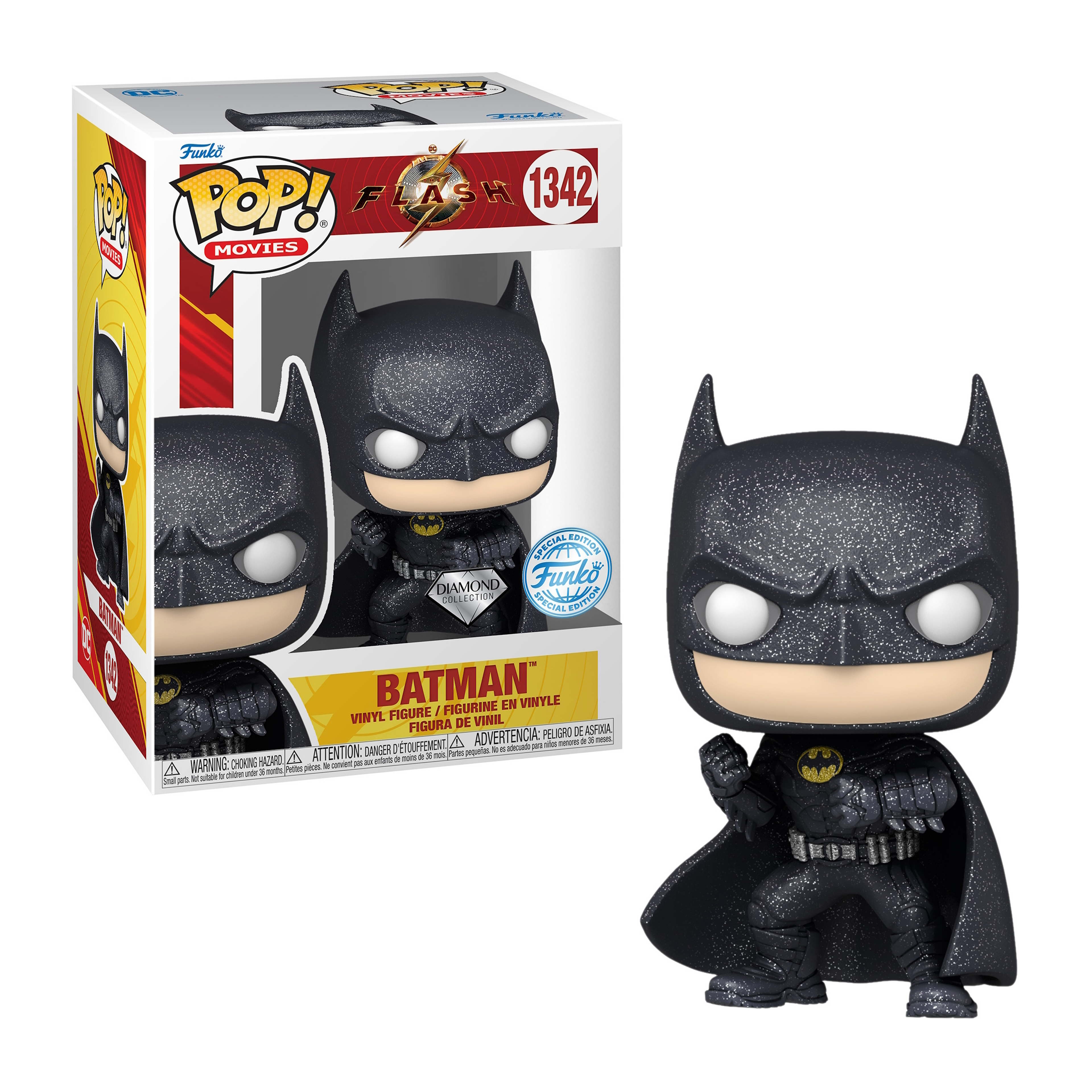Eine Batman Funko Pop Figur in einer Box und stehend. Es ist glitzernd mit einem schwarzen Umhang.
