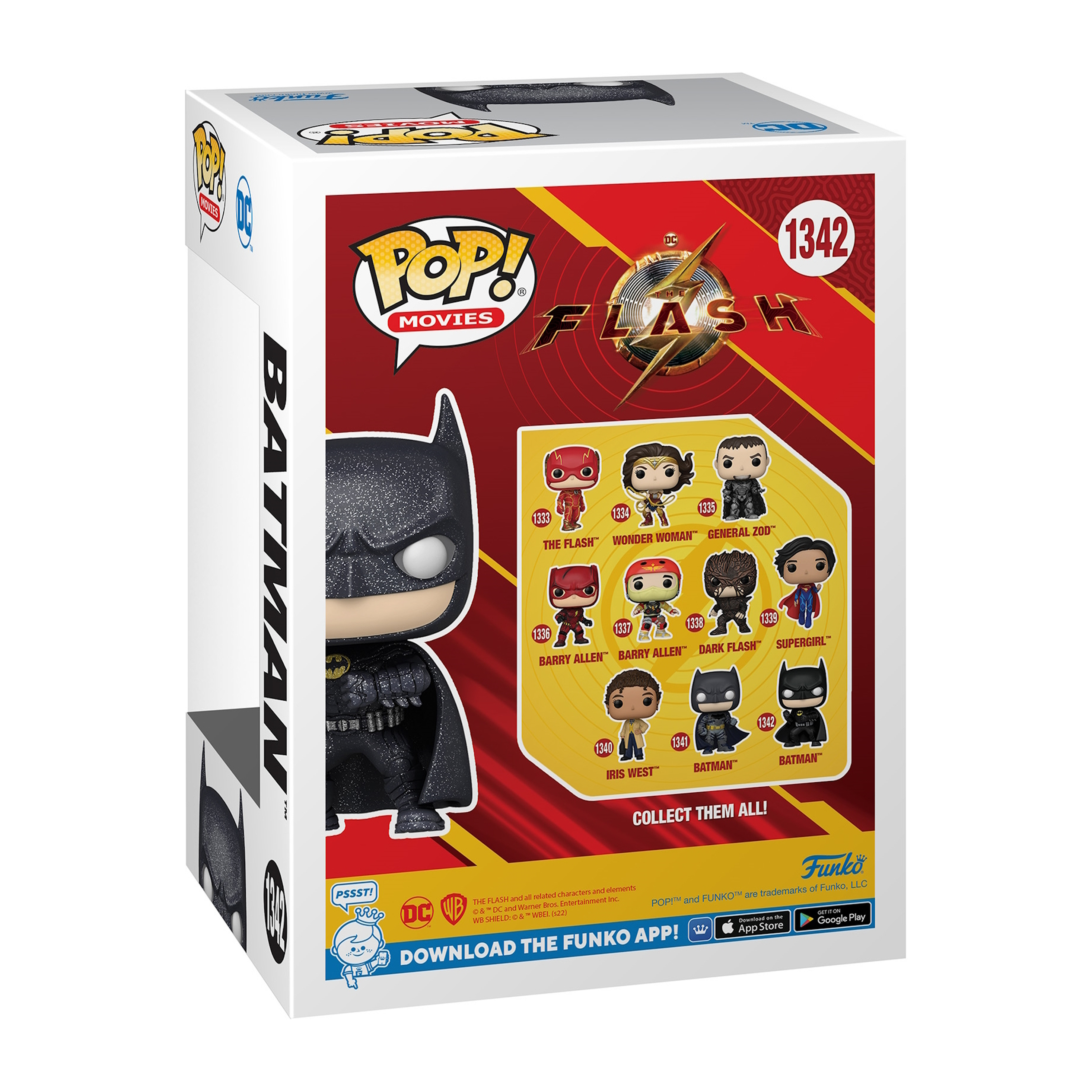 Rückseite einer Batman Funko Pop Box mit Batman Figur und anderen Flash Charakteren.