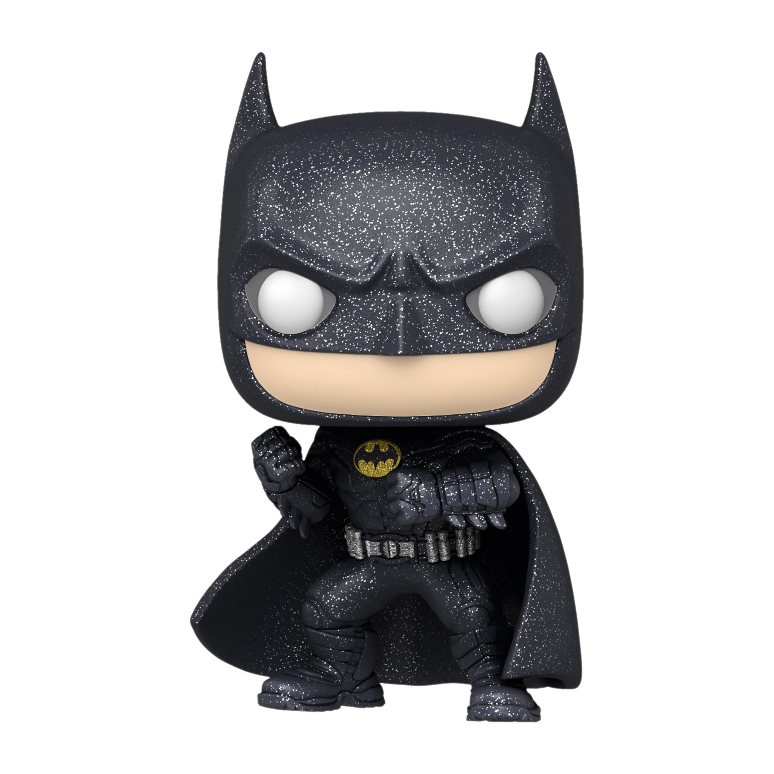 Batman Funko Pop Figur. Schwarzer Anzug mit Silberglitter, Fledermauslogo, spitze Ohren.