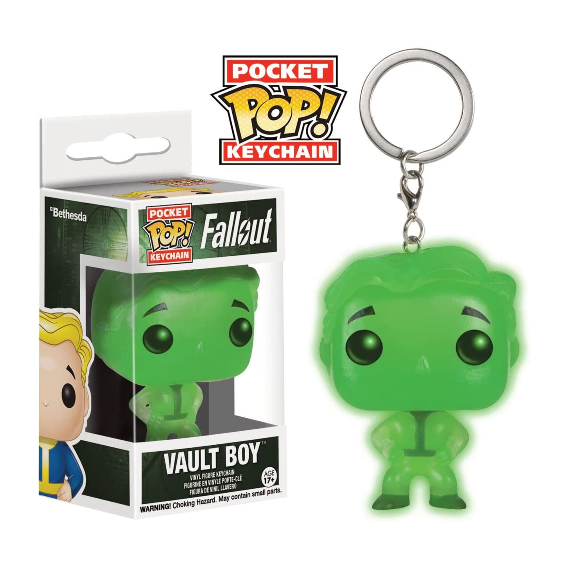 Eine grüne Vault Boy Pocket Pop-Schlüsselanhängerfigur in und außerhalb der Box.
