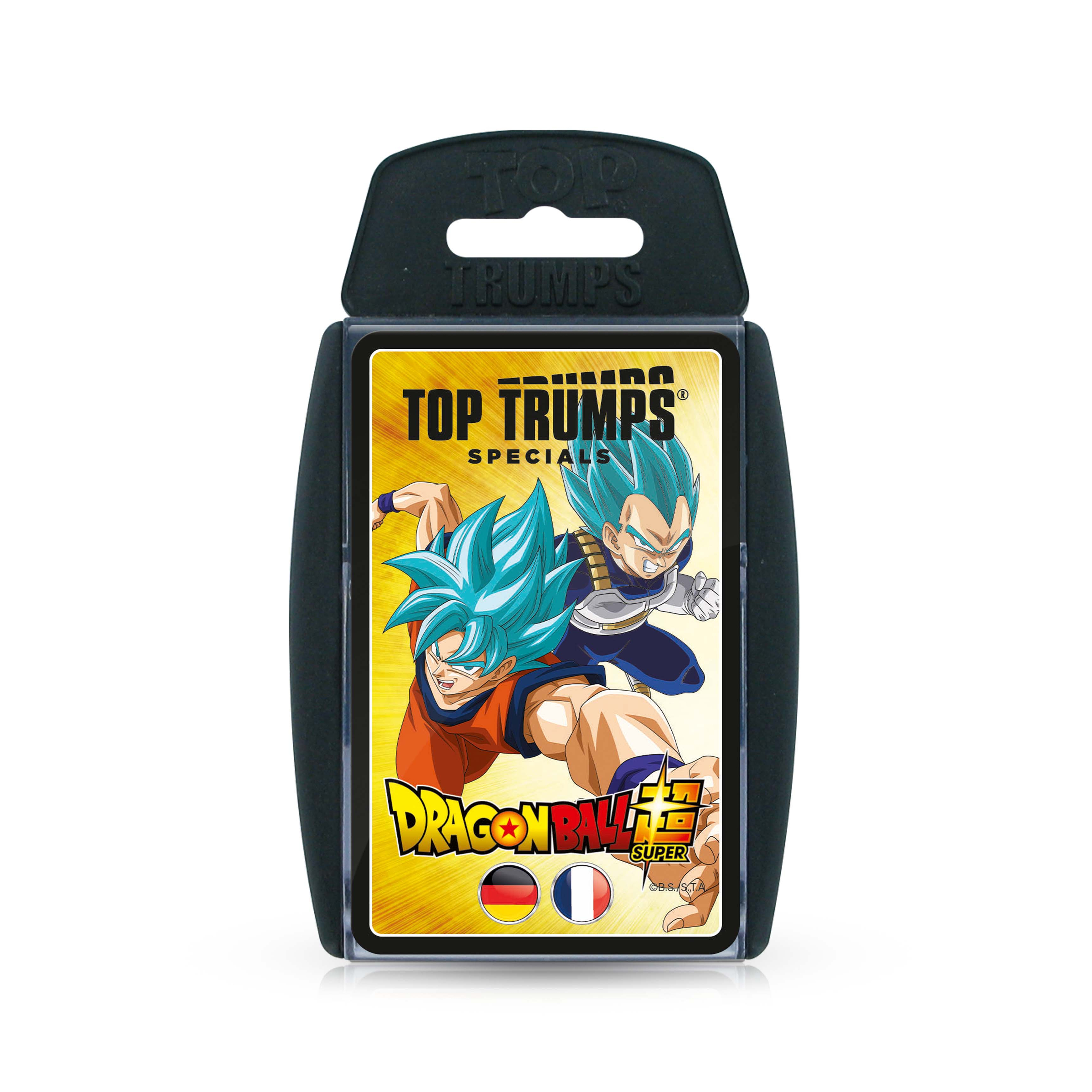 Ein Top Trumps Kartenpack. Das Pack zeigt zwei Charaktere aus Dragon Ball. Es ist in einem schwarzen Halter.