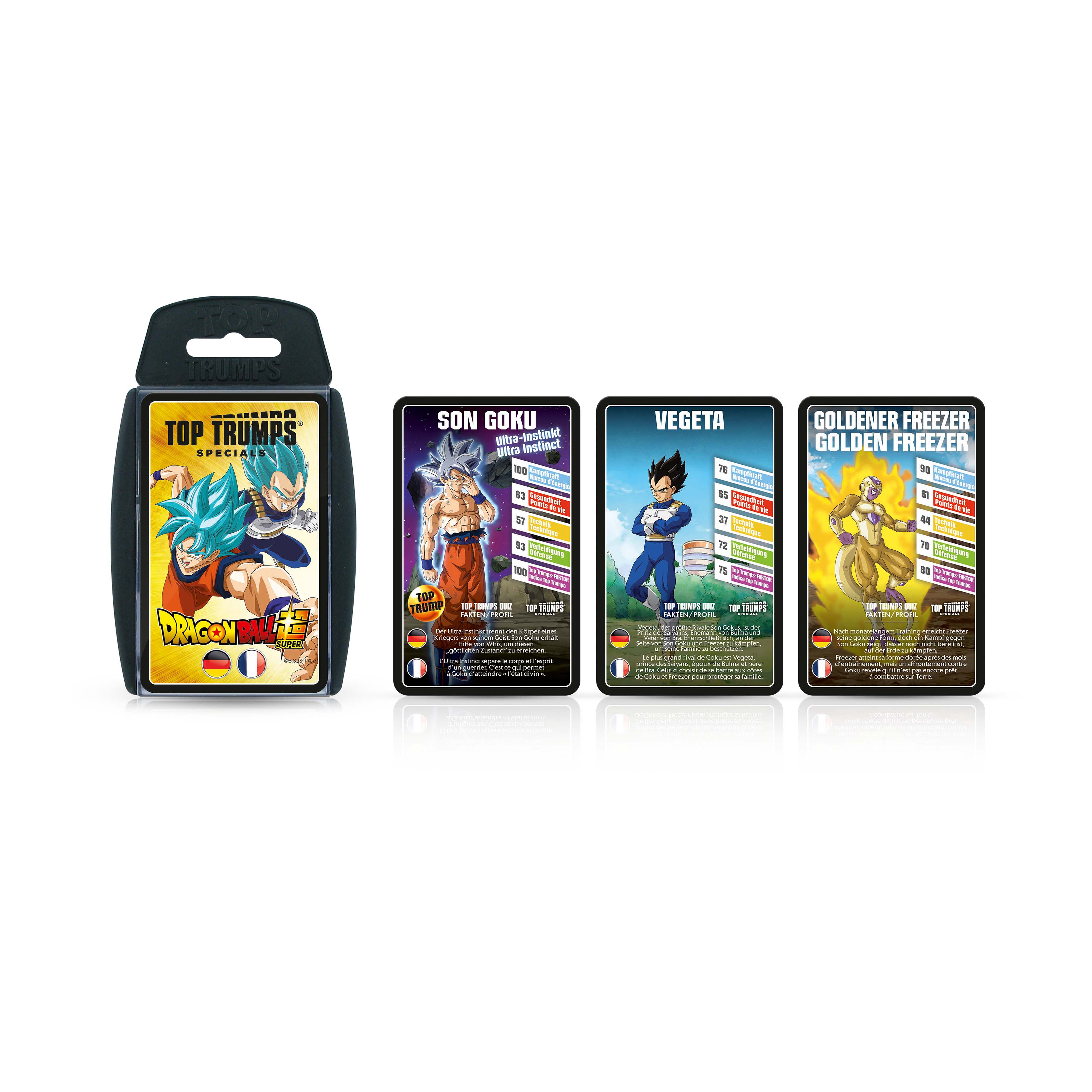 Dragon Ball Super Top Trumps Karten mit Son Goku, Vegeta, Golden Frieza.