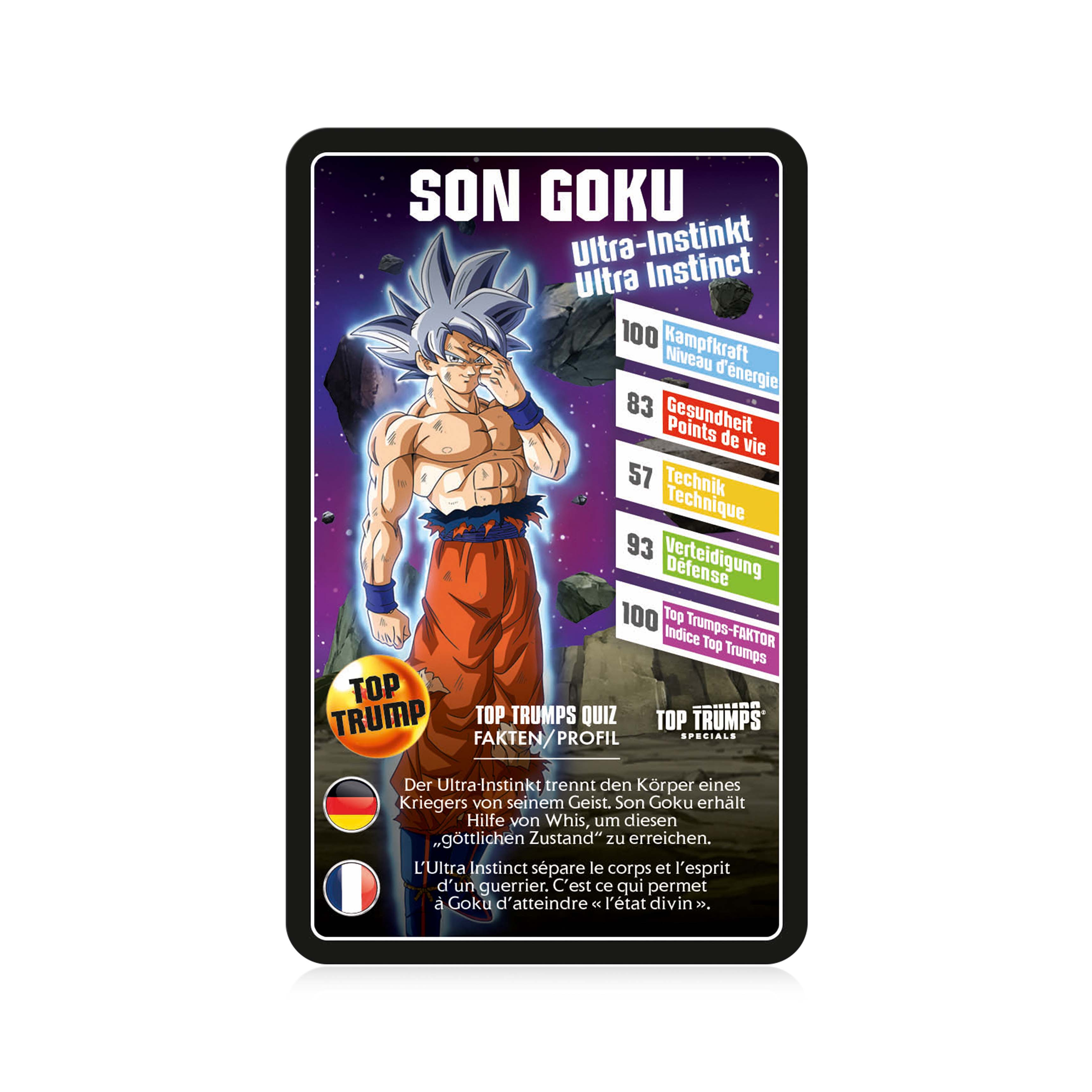Eine Top Trumps Karte von Son Goku. Er ist orange und blau, mit Statistiken. Dunkelblauer Hintergrund.