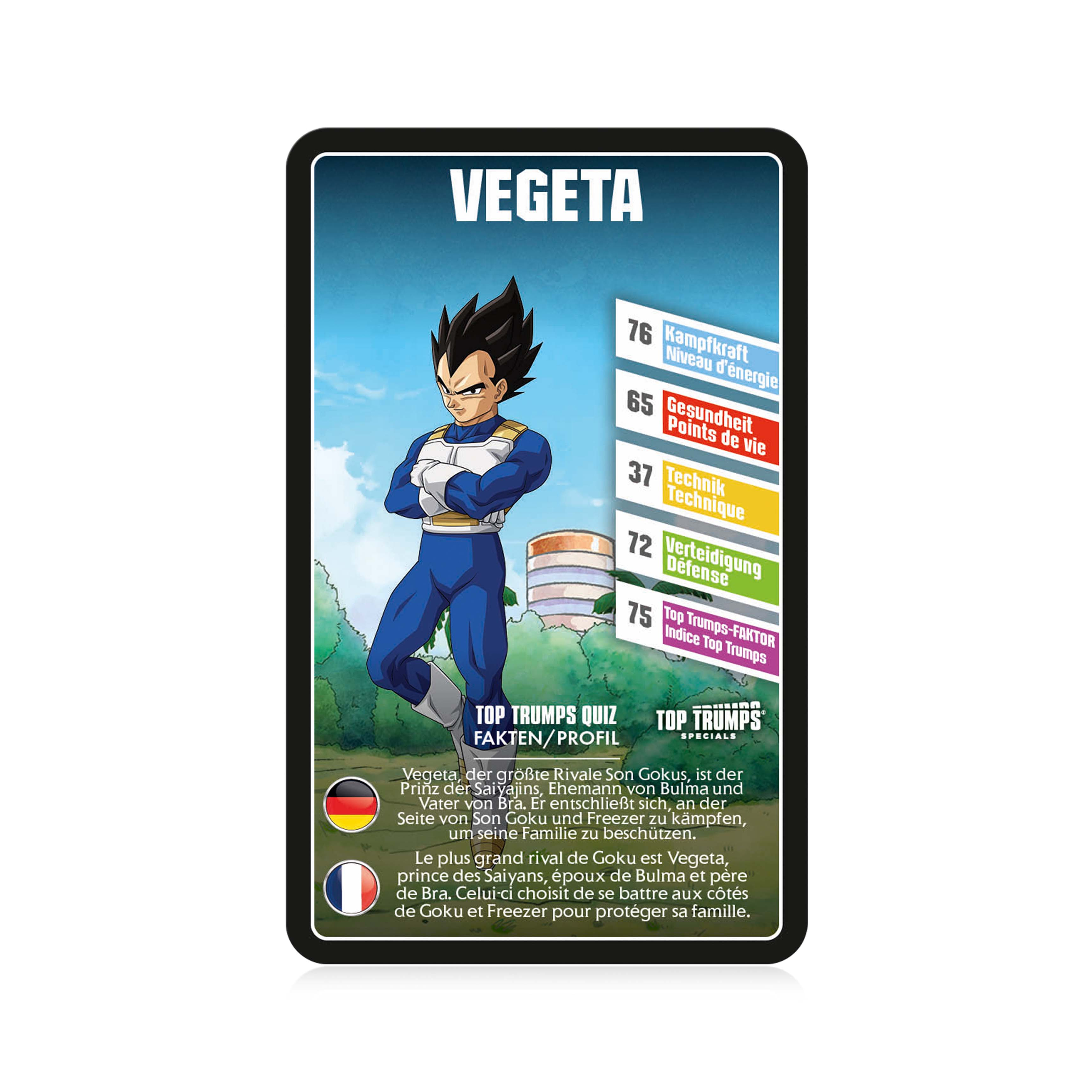 Eine Top Trumps Karte mit Vegeta, mit Statistiken, einem Quiz und Text auf Deutsch und Französisch.