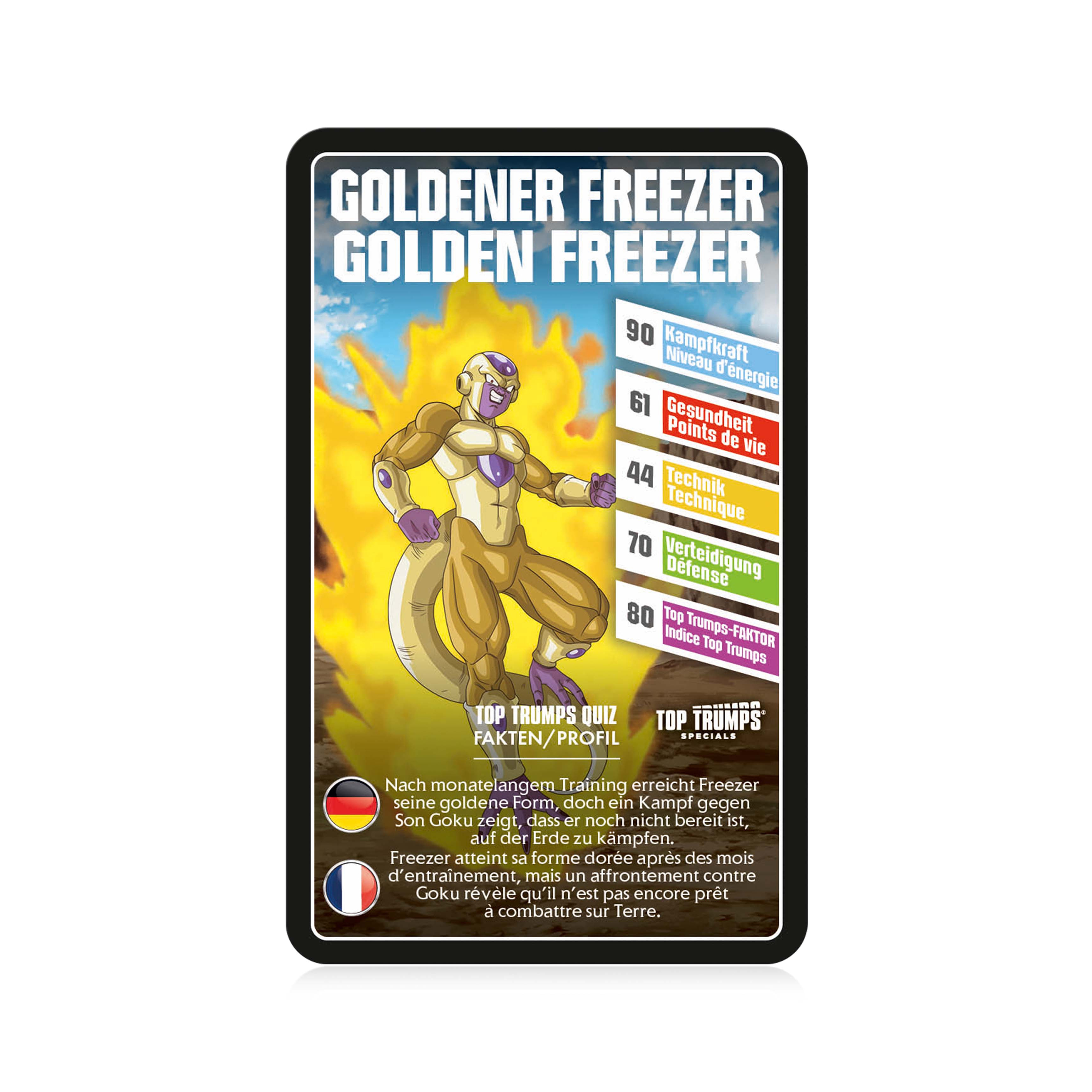 Sammelkarte mit Golden Freezer Charakter. Statistiken und Spielinformationen. Mehrsprachiger Text.
