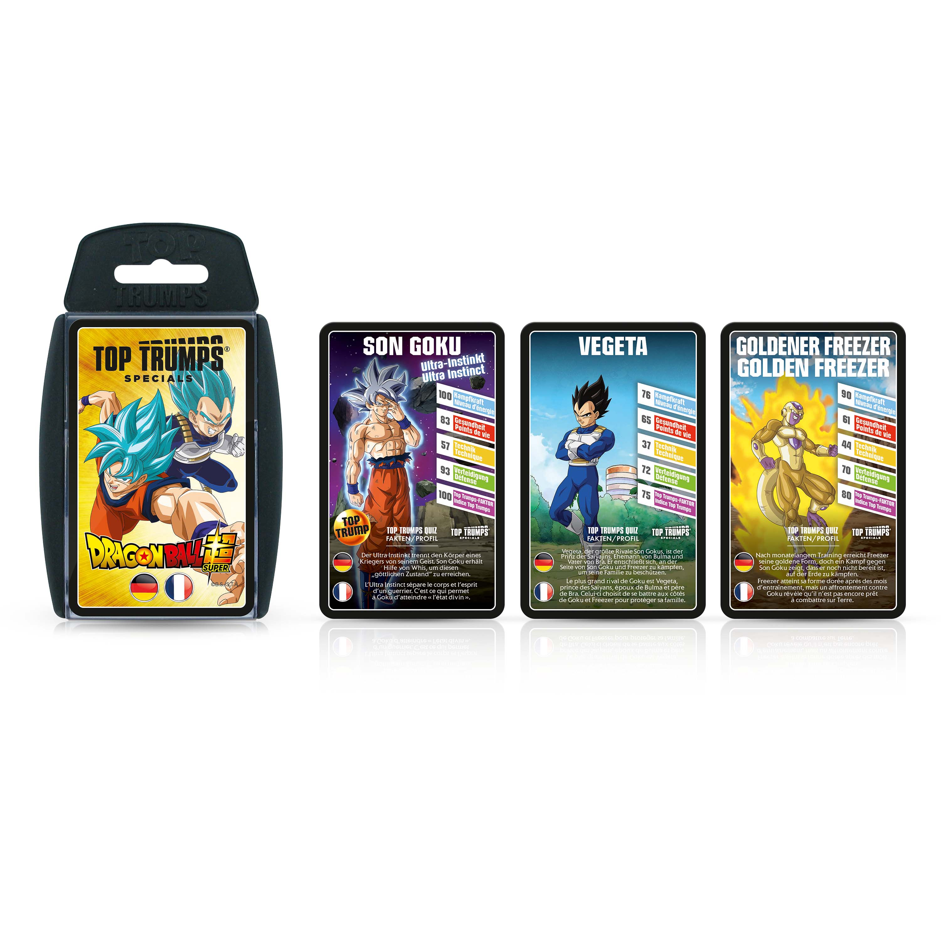 Top Trumps Kartenset mit vier Dragon Ball Super Karten mit Son Goku, Vegeta und Golden Freezer.