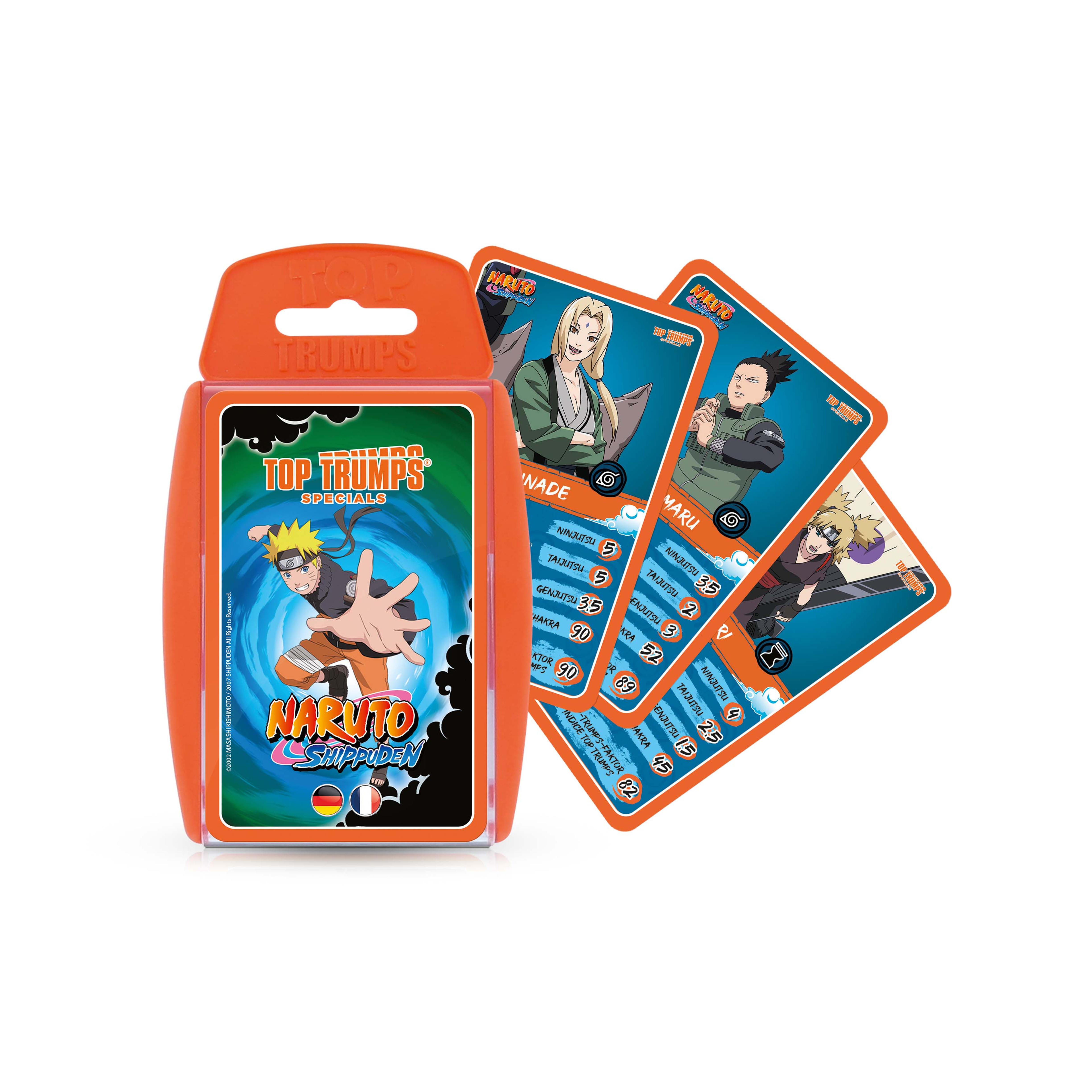 Une boîte et des cartes du jeu de cartes Top Trumps Naruto avec des personnages Naruto, orange et blanc.