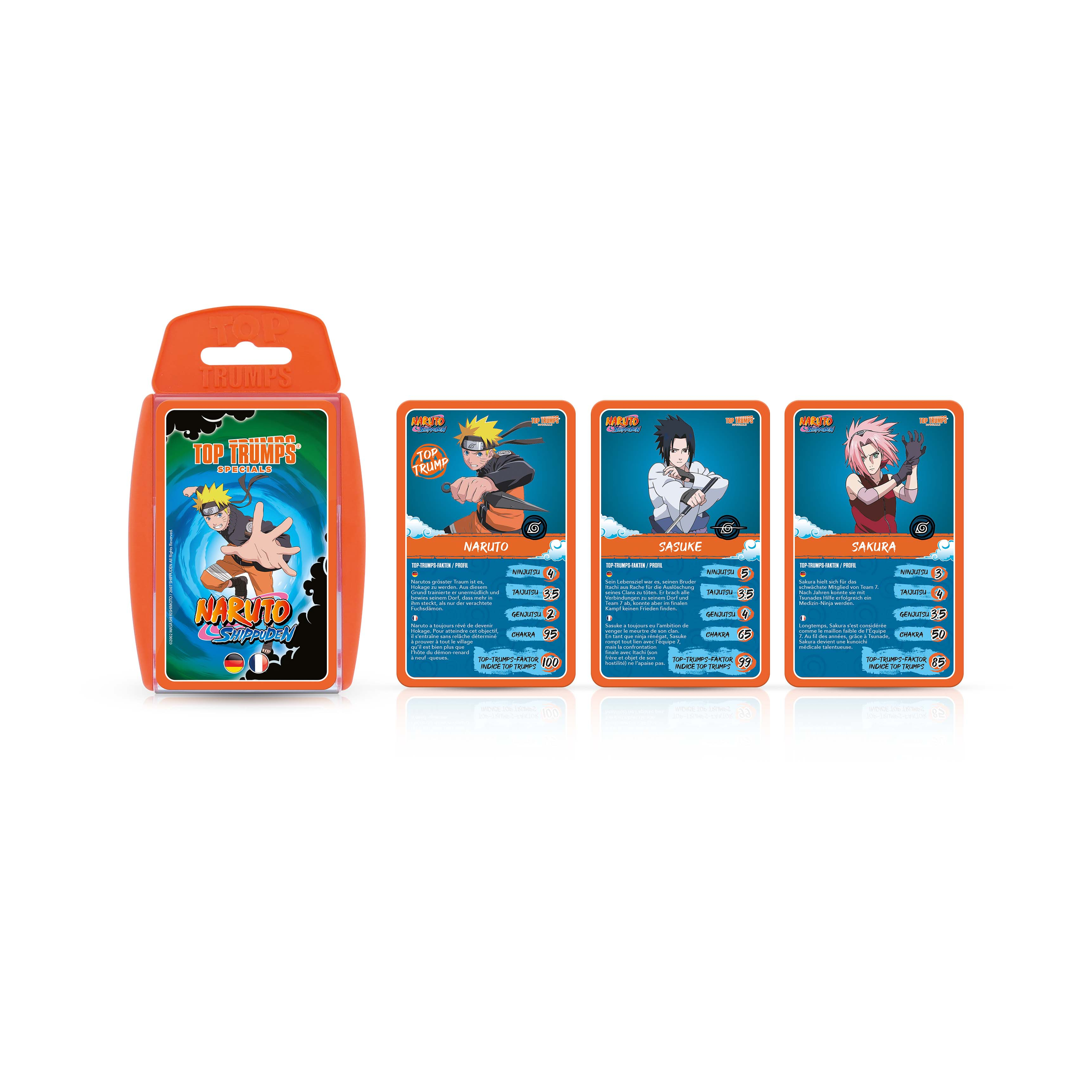 Une boîte et des cartes du jeu Top Trumps avec des personnages de Naruto, dont Naruto, Sasuke et Sakura.