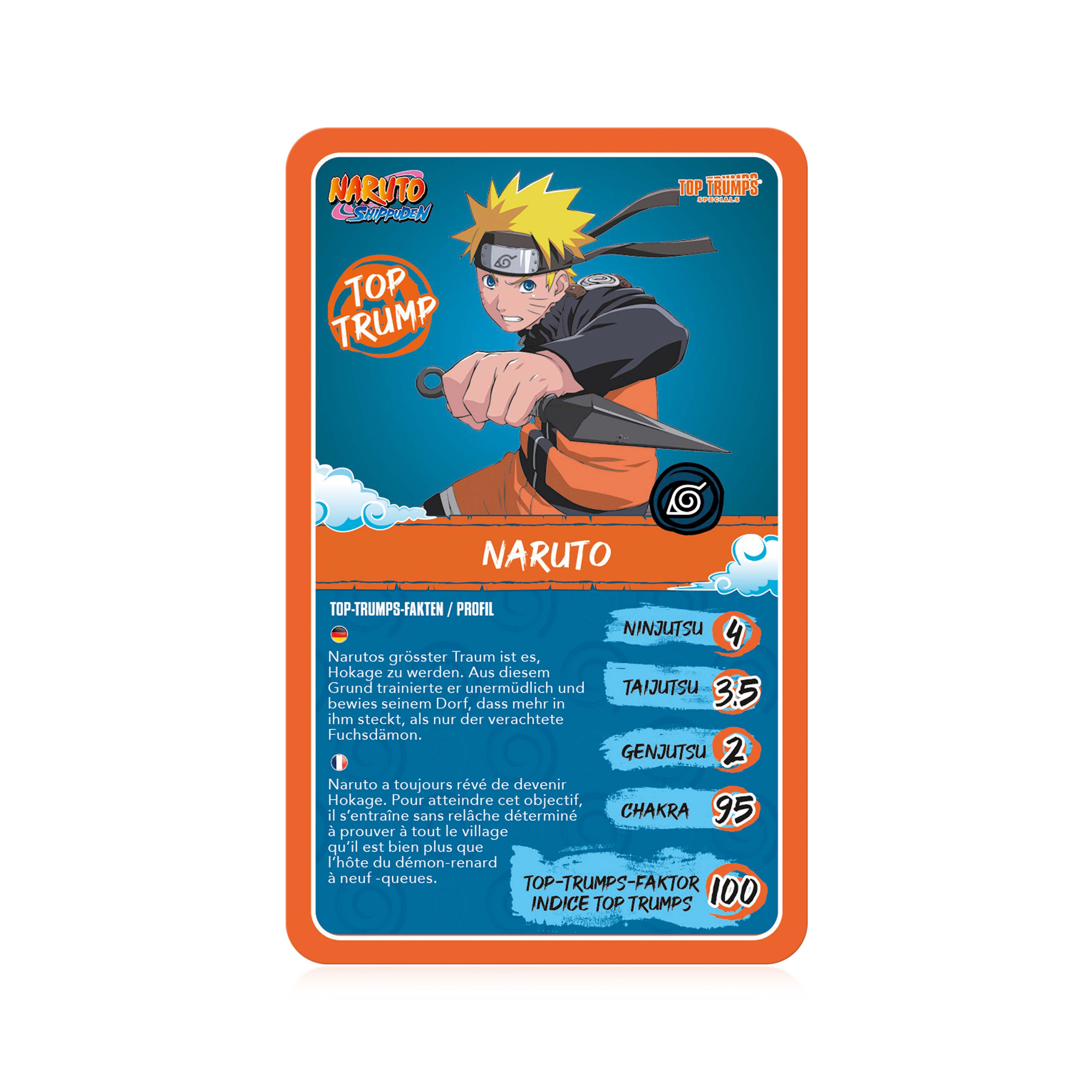 Carte Naruto : Naruto avec un kunai, des informations sur ses compétences en japonais et un facteur Top Trumps.