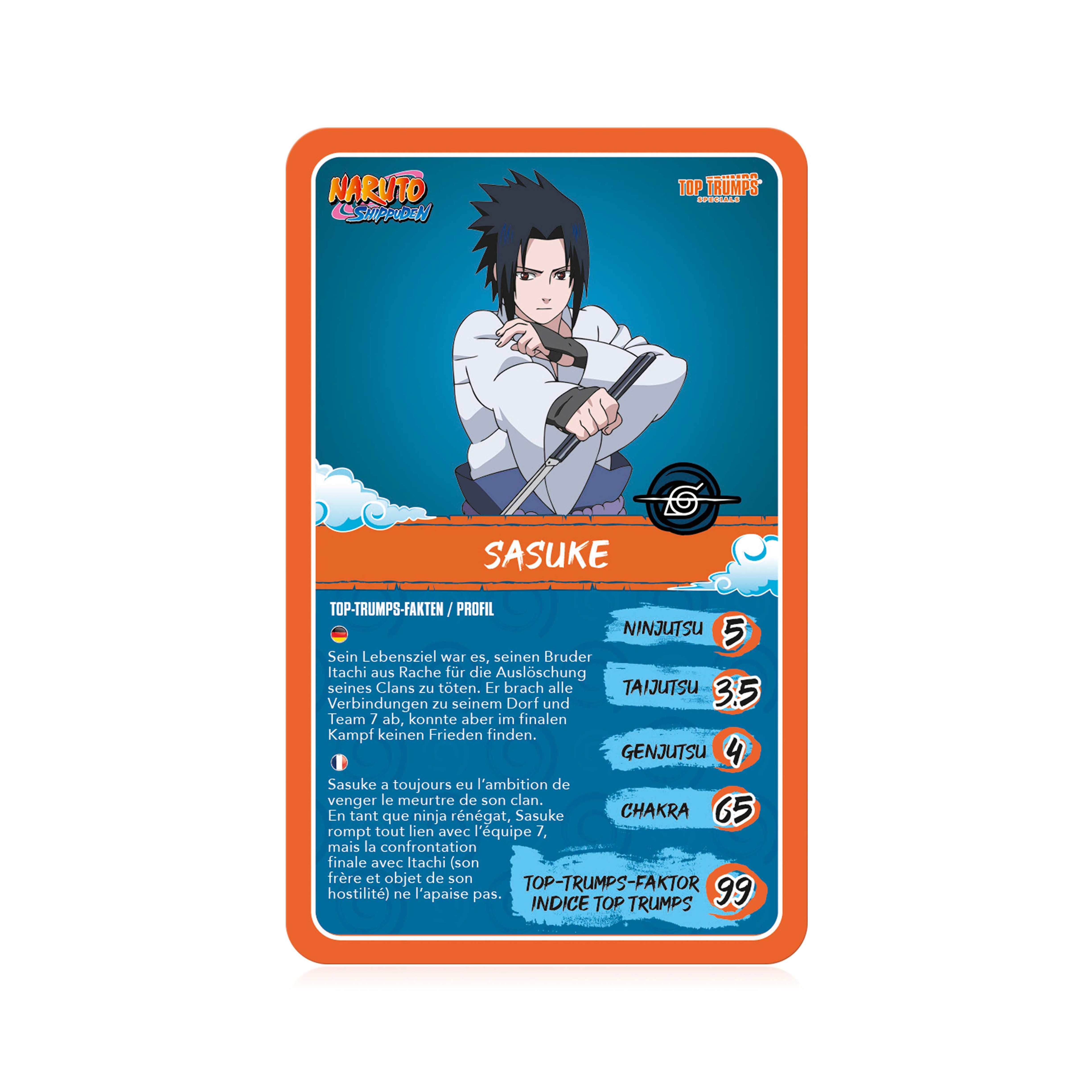 Carte Naruto avec Sasuke, statistiques. Fond orange.