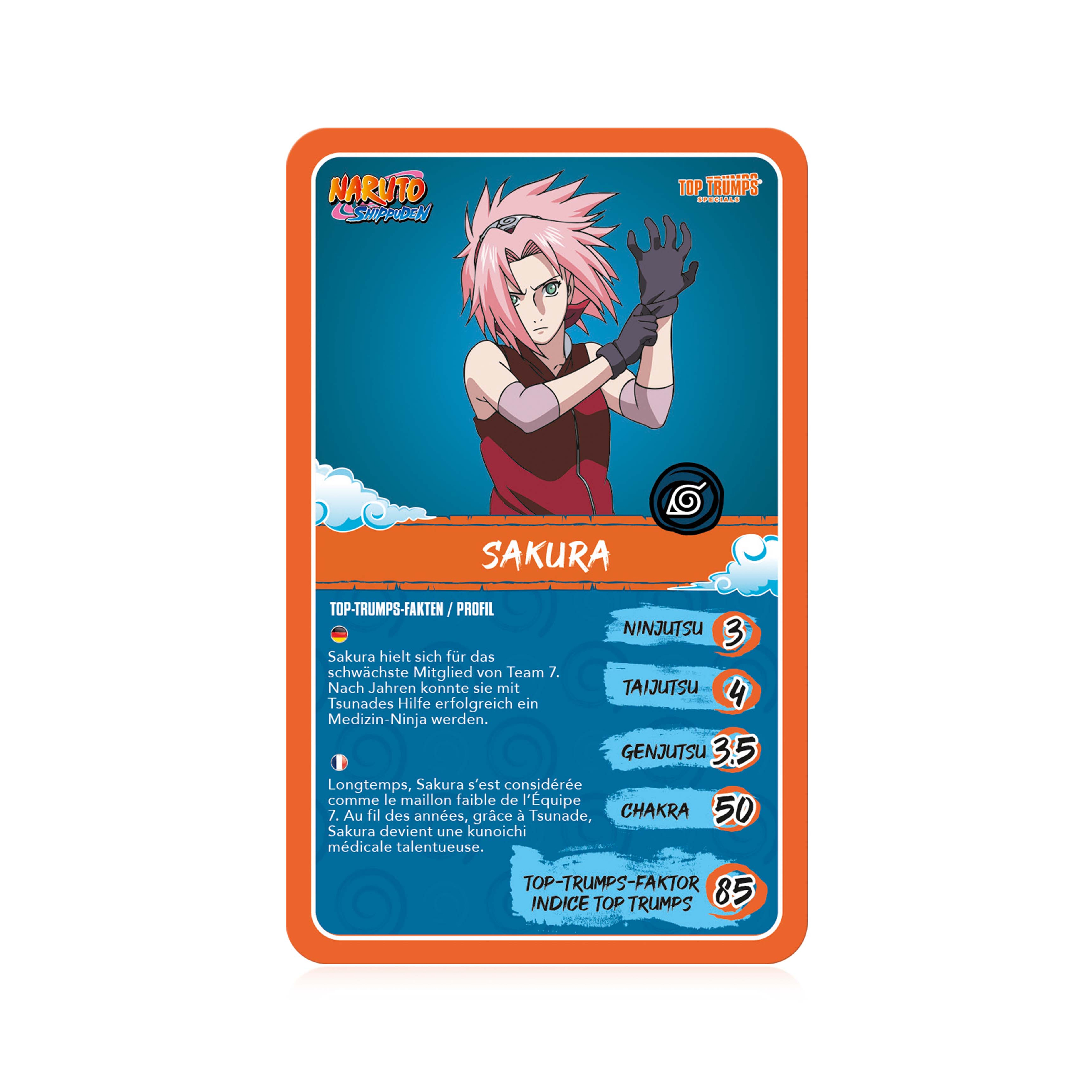Carte à collectionner Sakura de la série Naruto. La carte est orange avec les détails et statistiques du personnage.