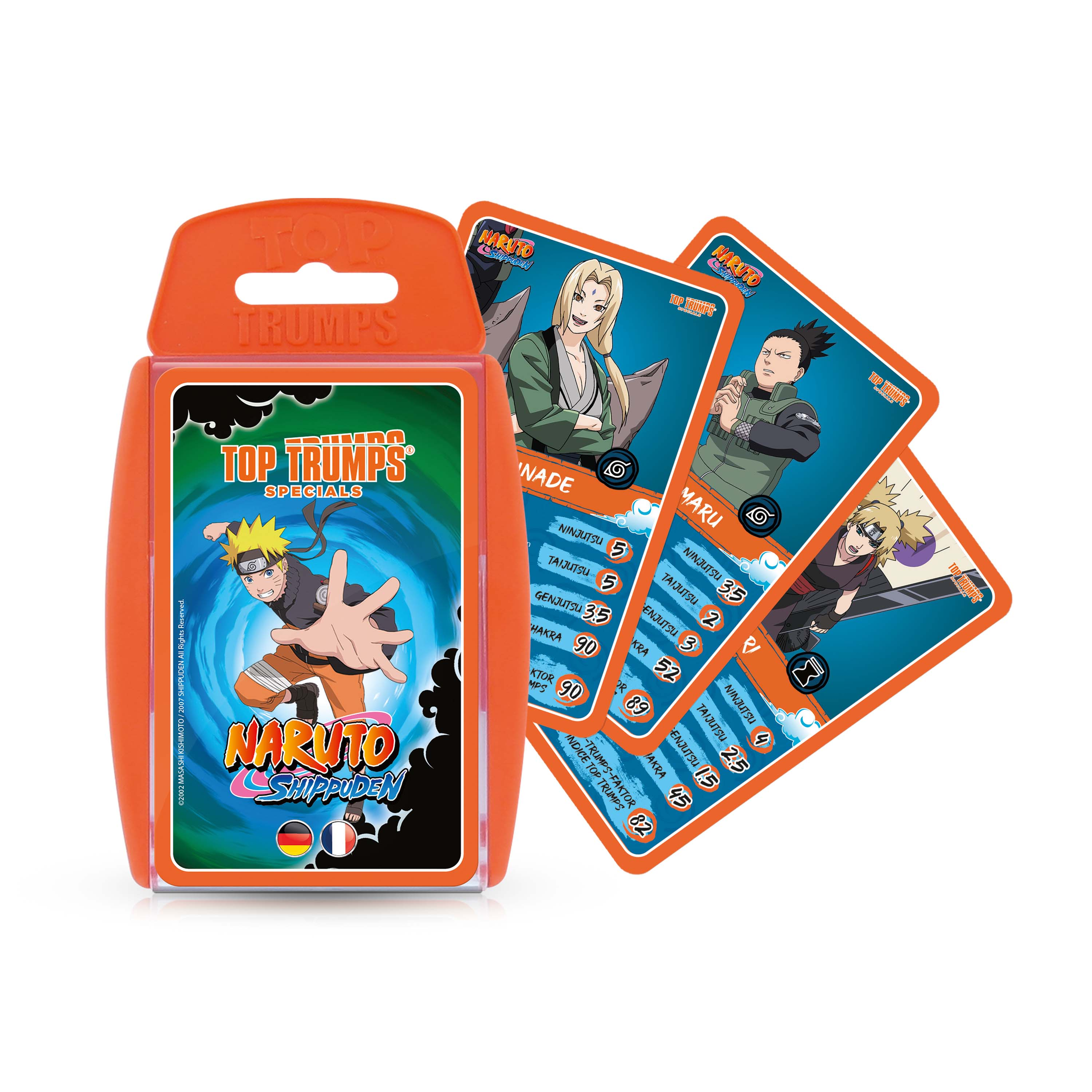 Cartes Top Trumps avec personnages Naruto. Boîte orange. Designs de cartes visibles.