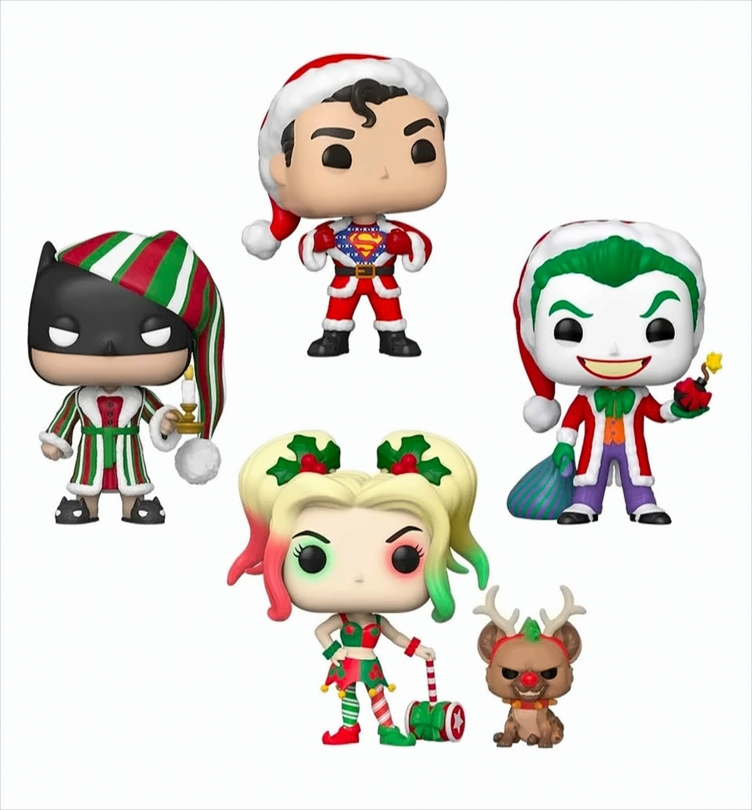 Weihnachtliche Funko Pop Figuren von DC-Charakteren auf weißem Grund.