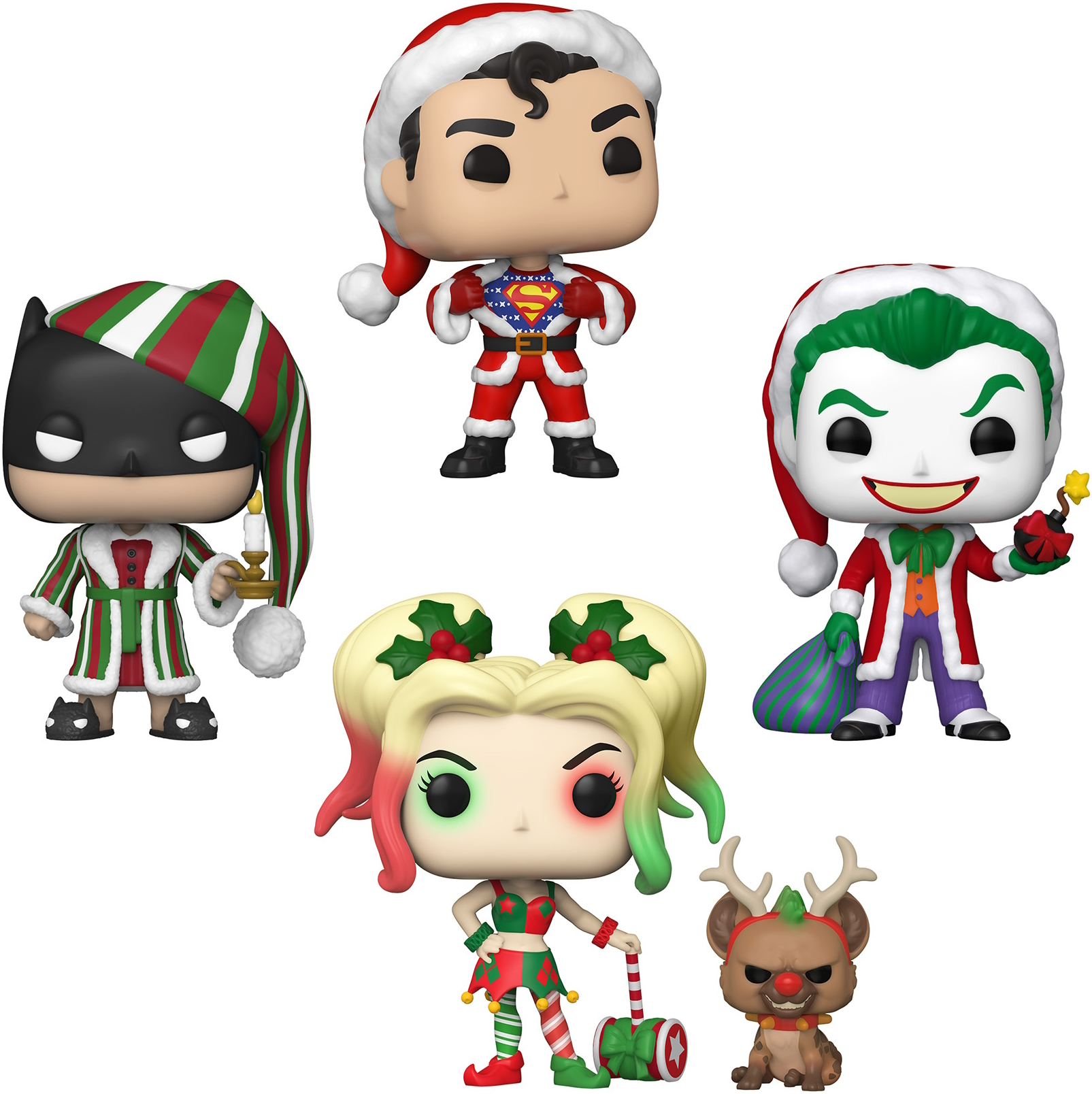 Fünf weihnachtliche Funko Pop Figuren: Superman, Batman, Harley Quinn, Joker.