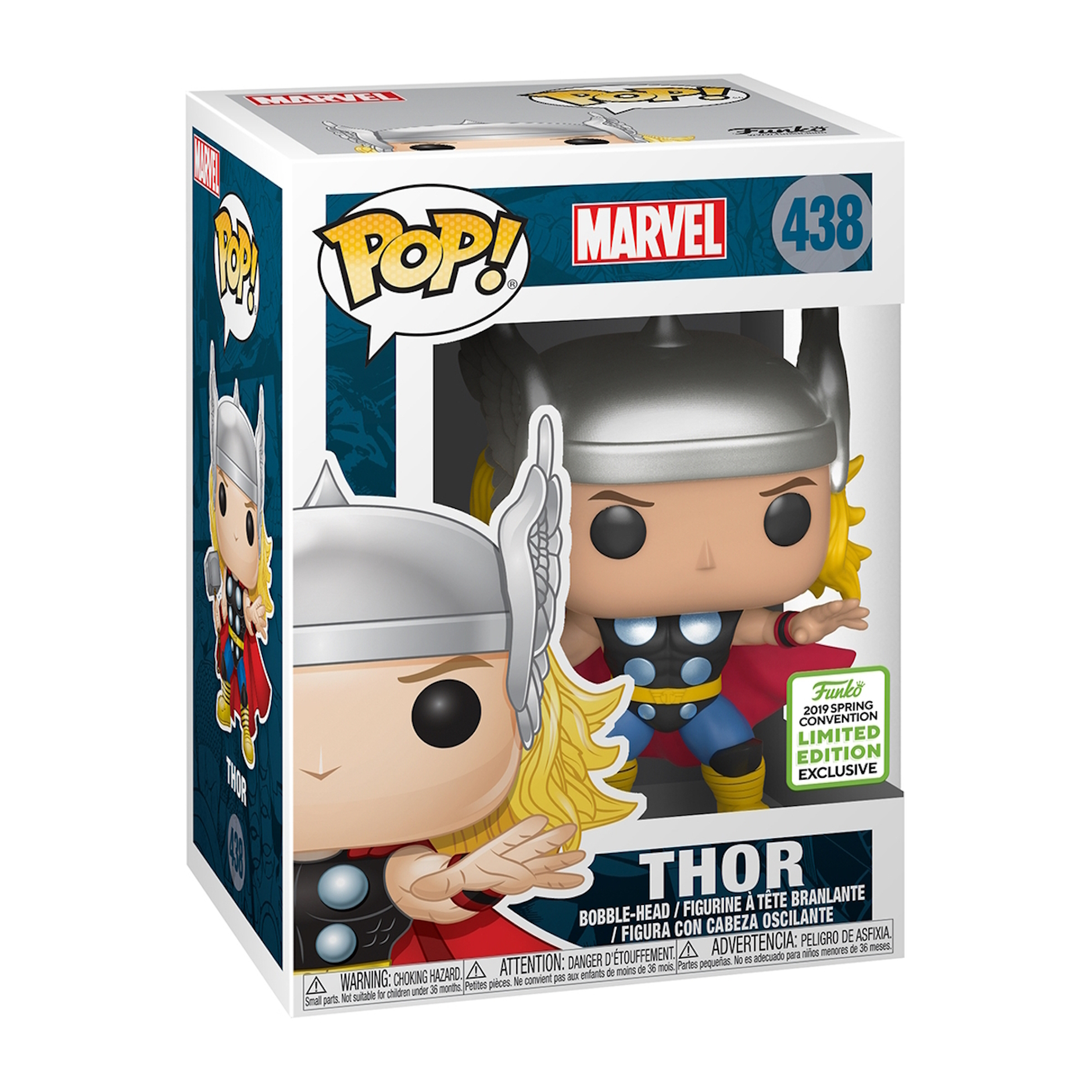 Thor-Figur in der Box. Blondes Haar, roter Umhang. Weißer Hintergrund.