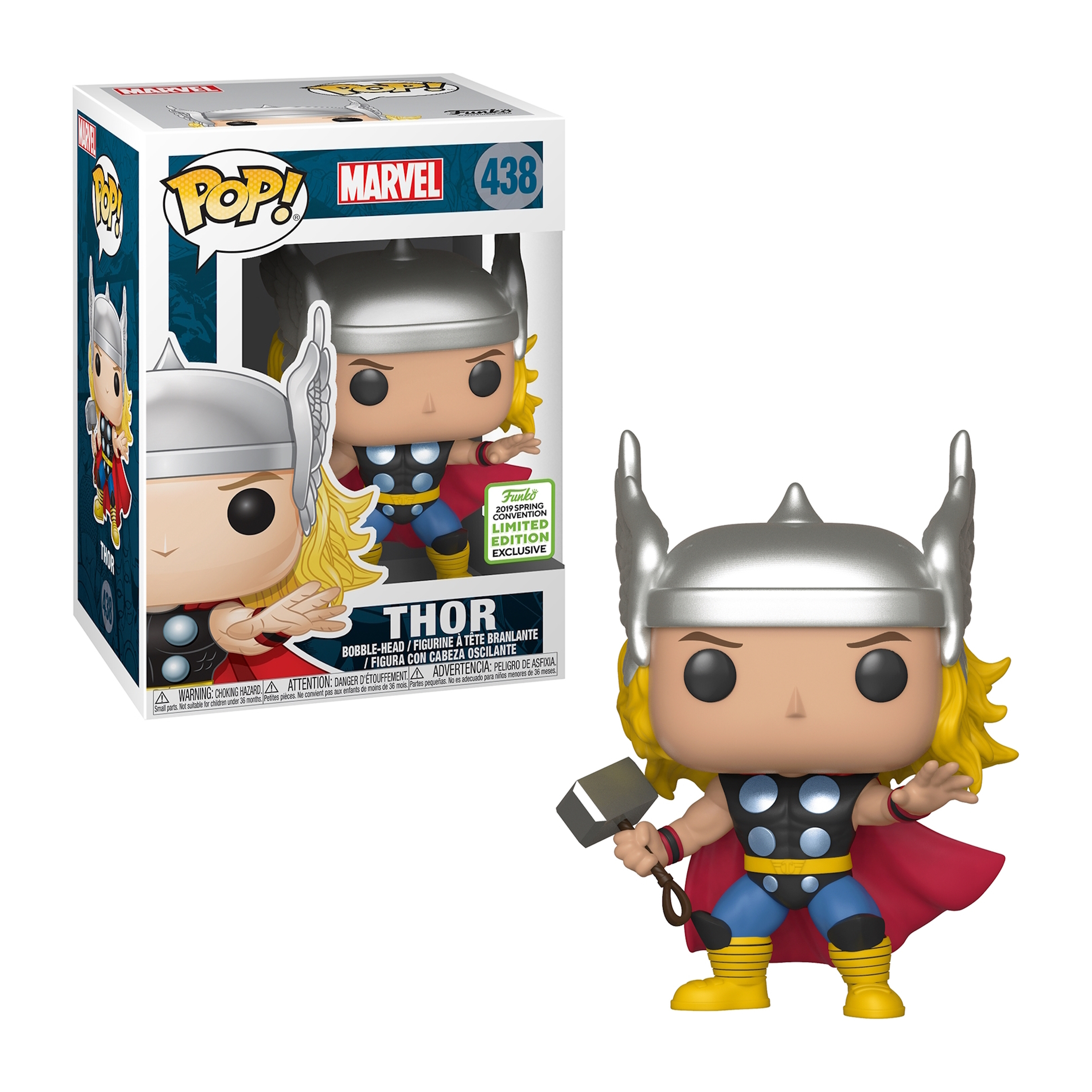 Funko Pop Figur von Thor mit seinem Hammer und Verpackung.