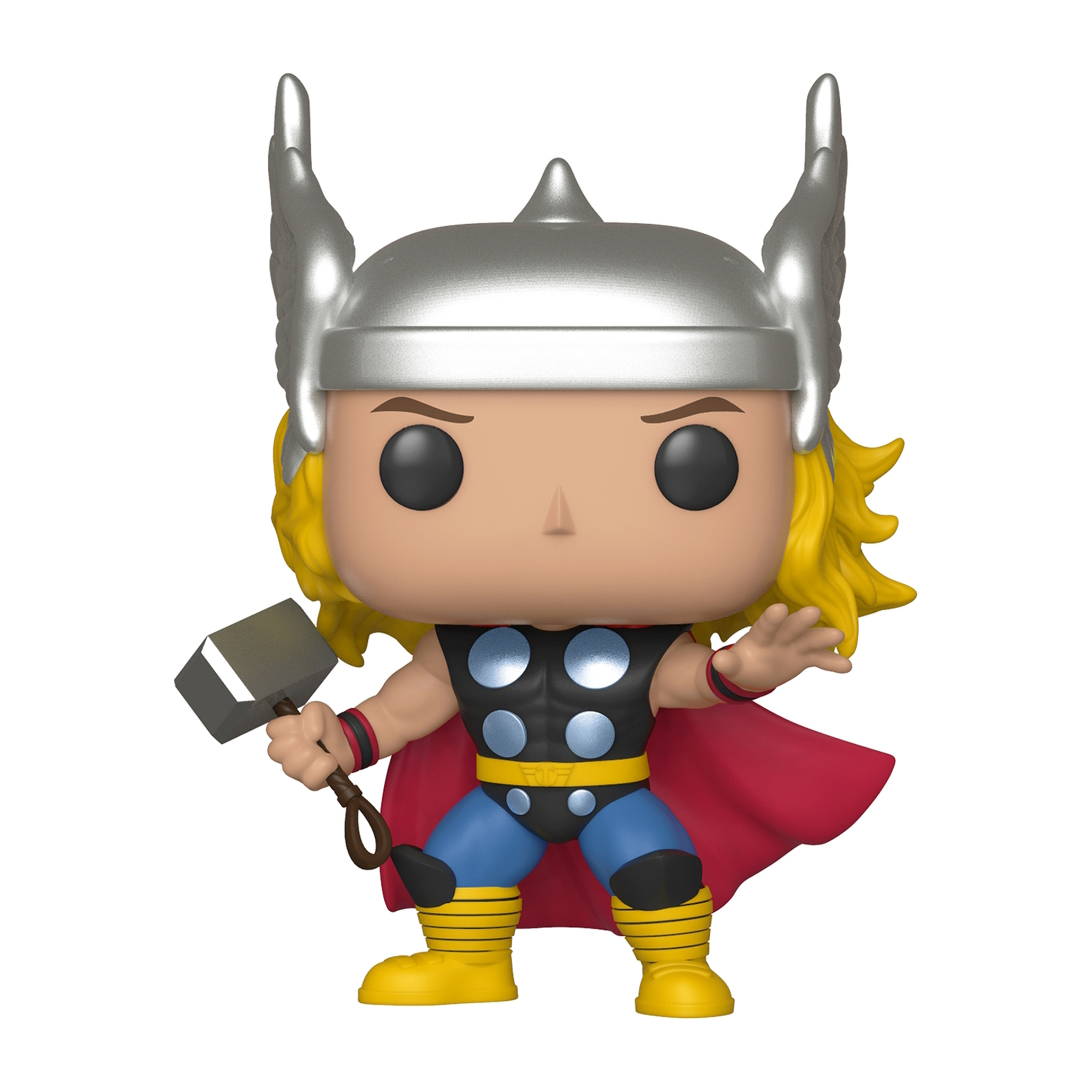 Thor Funko Pop-Figur mit Helm, Hammer und rotem Umhang auf weißem Hintergrund.