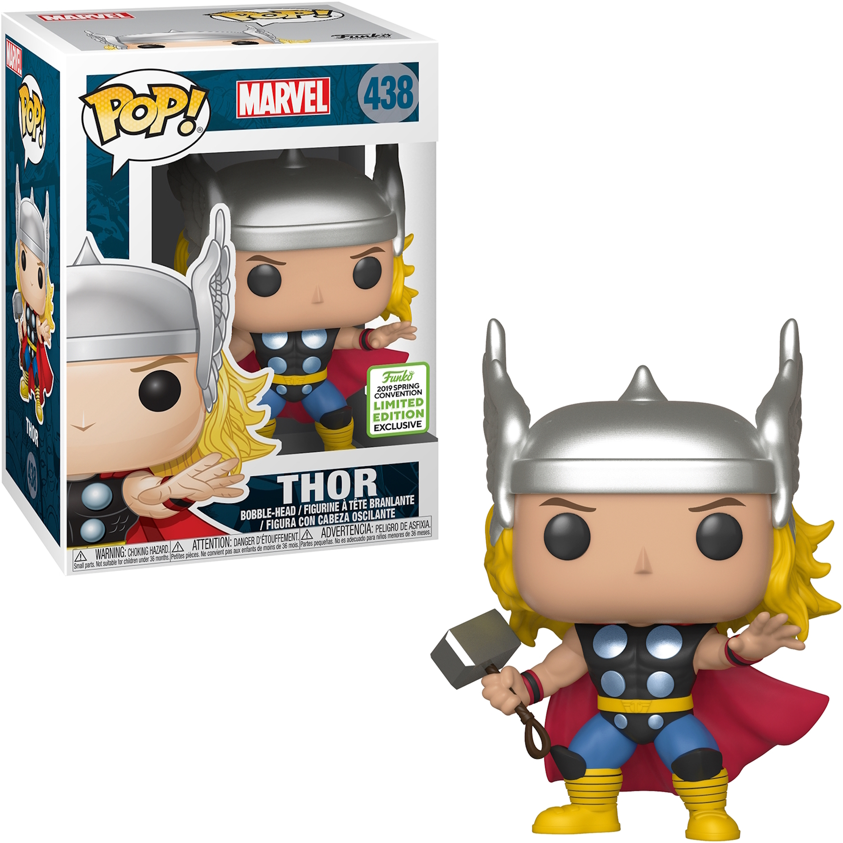 Thor Funko Pop Figur mit Box. Thor hält einen Hammer.