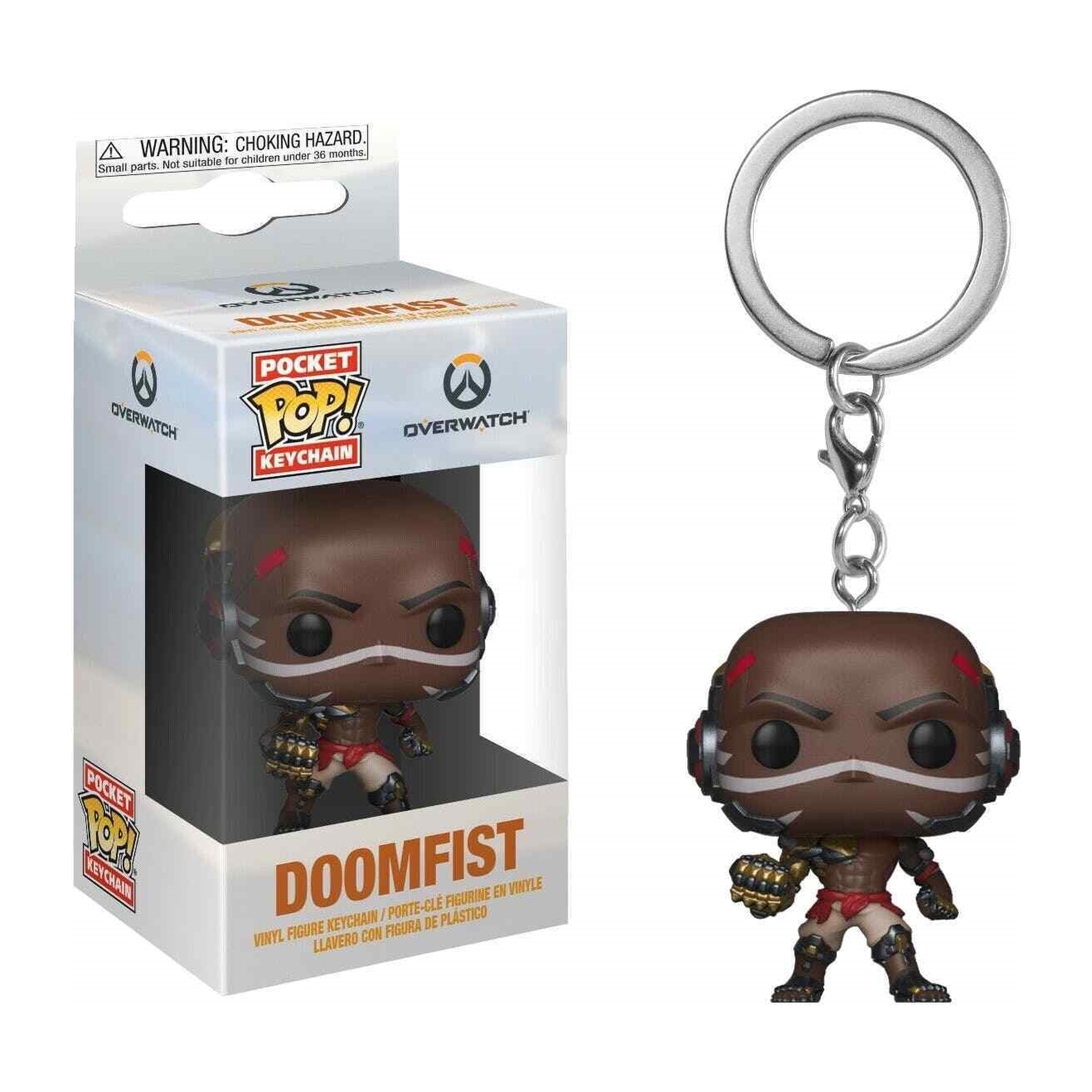 Eine Doomfist Pocket Pop Schlüsselanhängerfigur in einer Box, mit einer passenden Figur am Schlüsselanhänger.