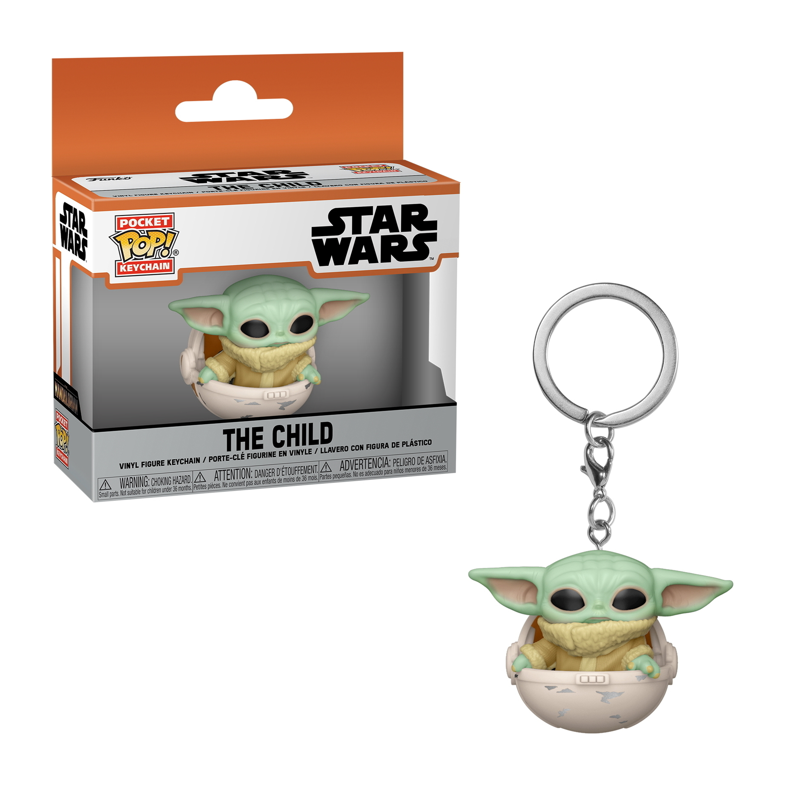 The Child Schlüsselanhängerfigur aus Star Wars, in einer weißen Hülse. Box mit Star Wars Logo.