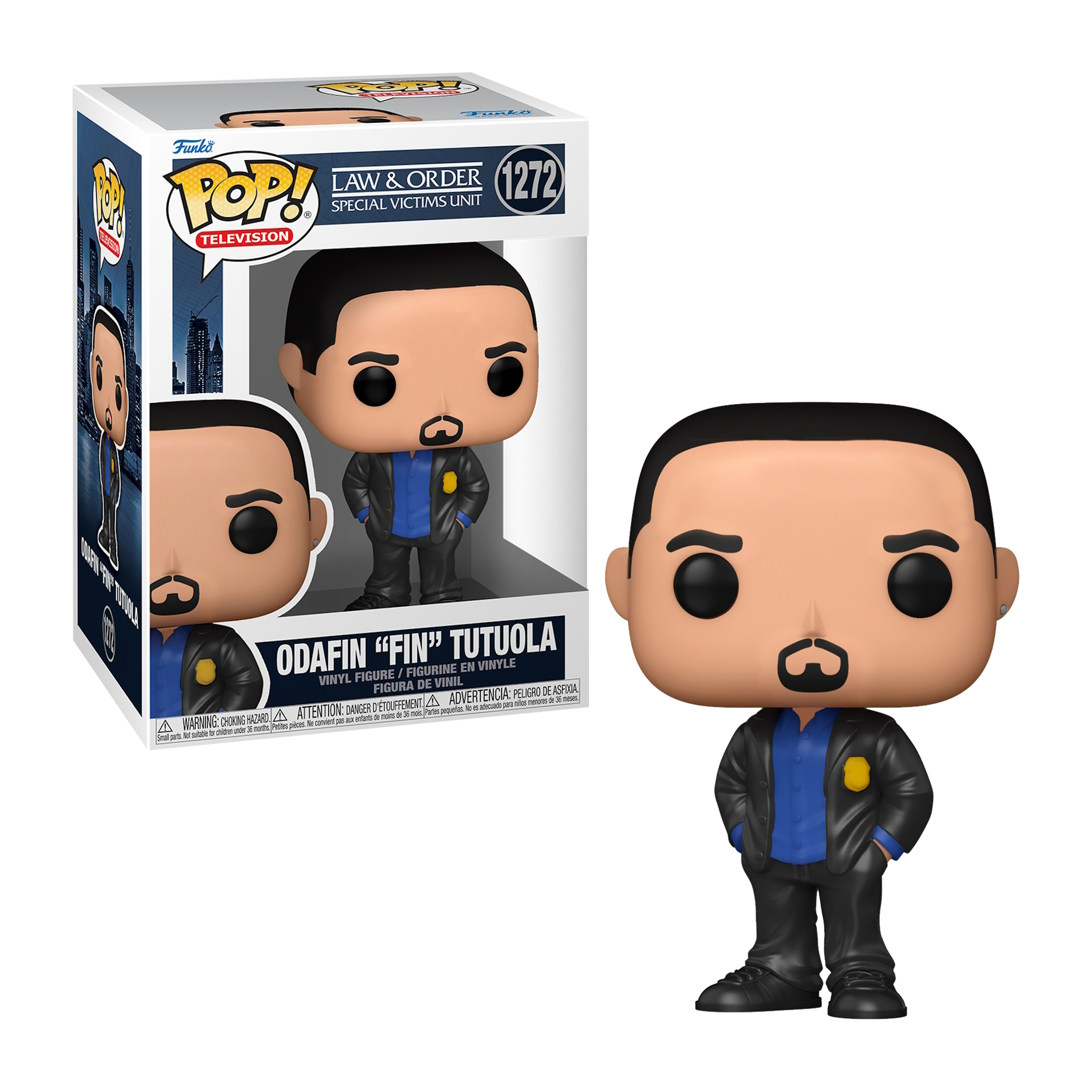 Funko Pop Figur eines Mannes im Anzug mit Krawatte und Polizeimarke. Die Figur befindet sich in einer Box.