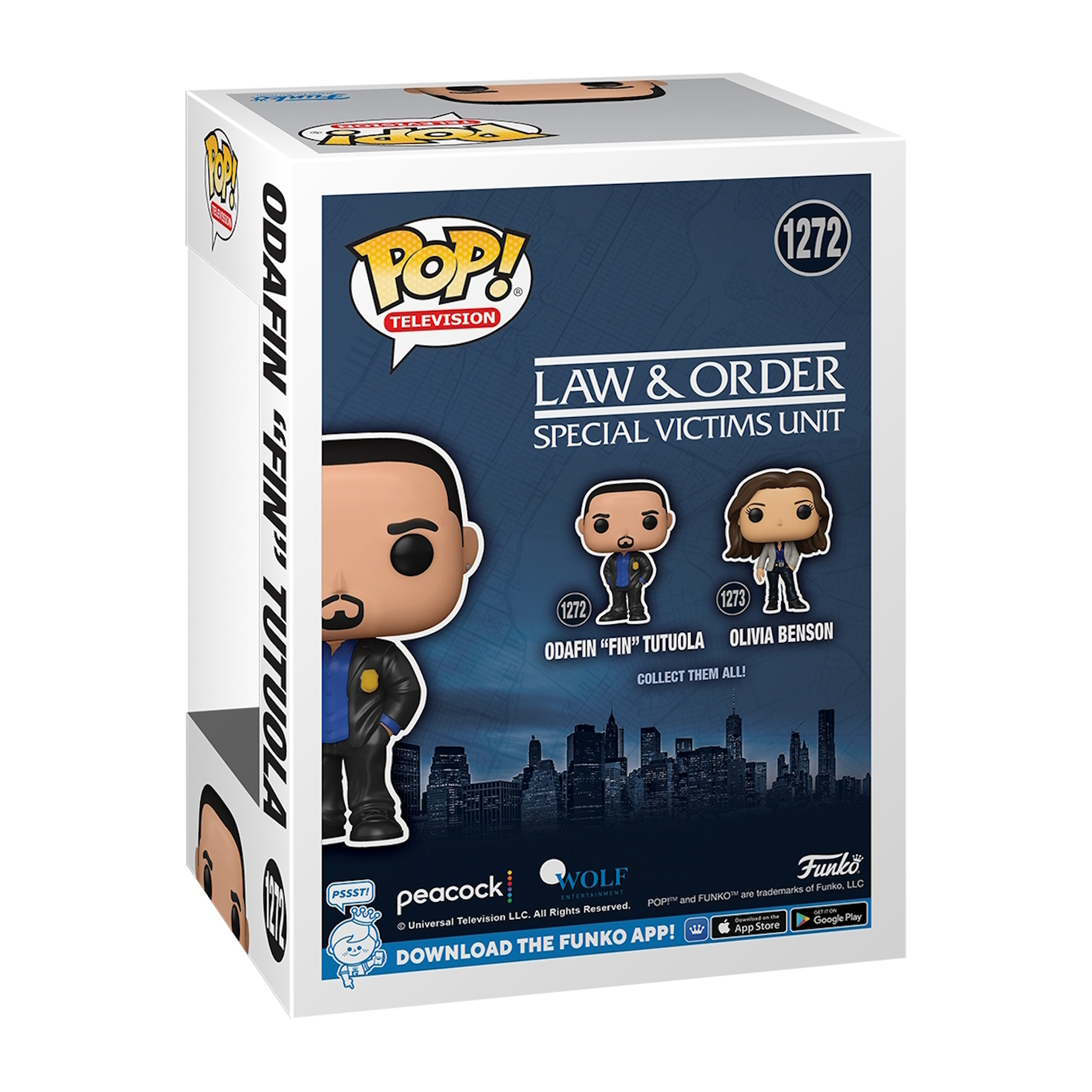 Eine Law & Order Funko Pop Box. Sie zeigt die Charaktere Odafin und Olivia Benson. Weißer Hintergrund.
