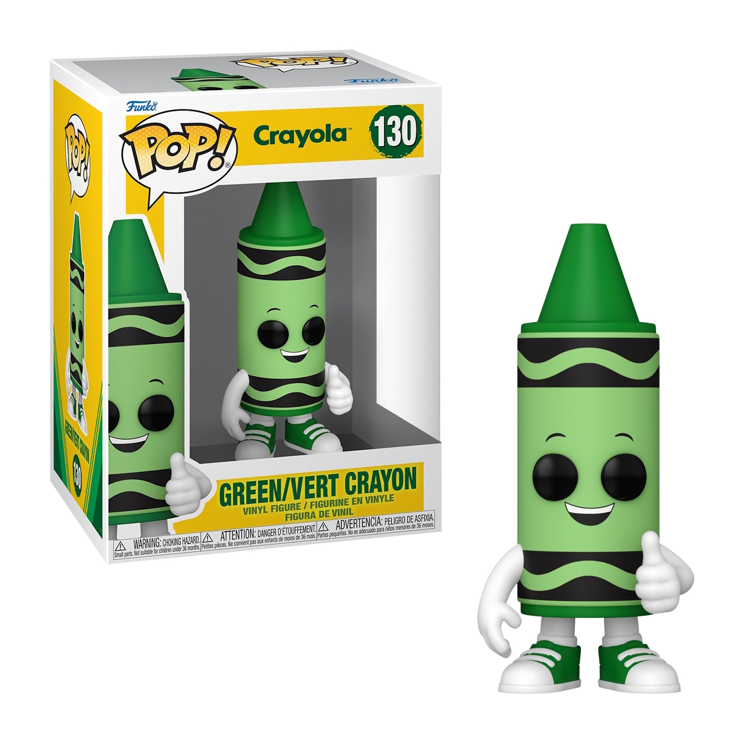 Funko Pop Figur eines grünen Buntstifts. Der Stift gibt ein Daumen hoch. Weißer Hintergrund.