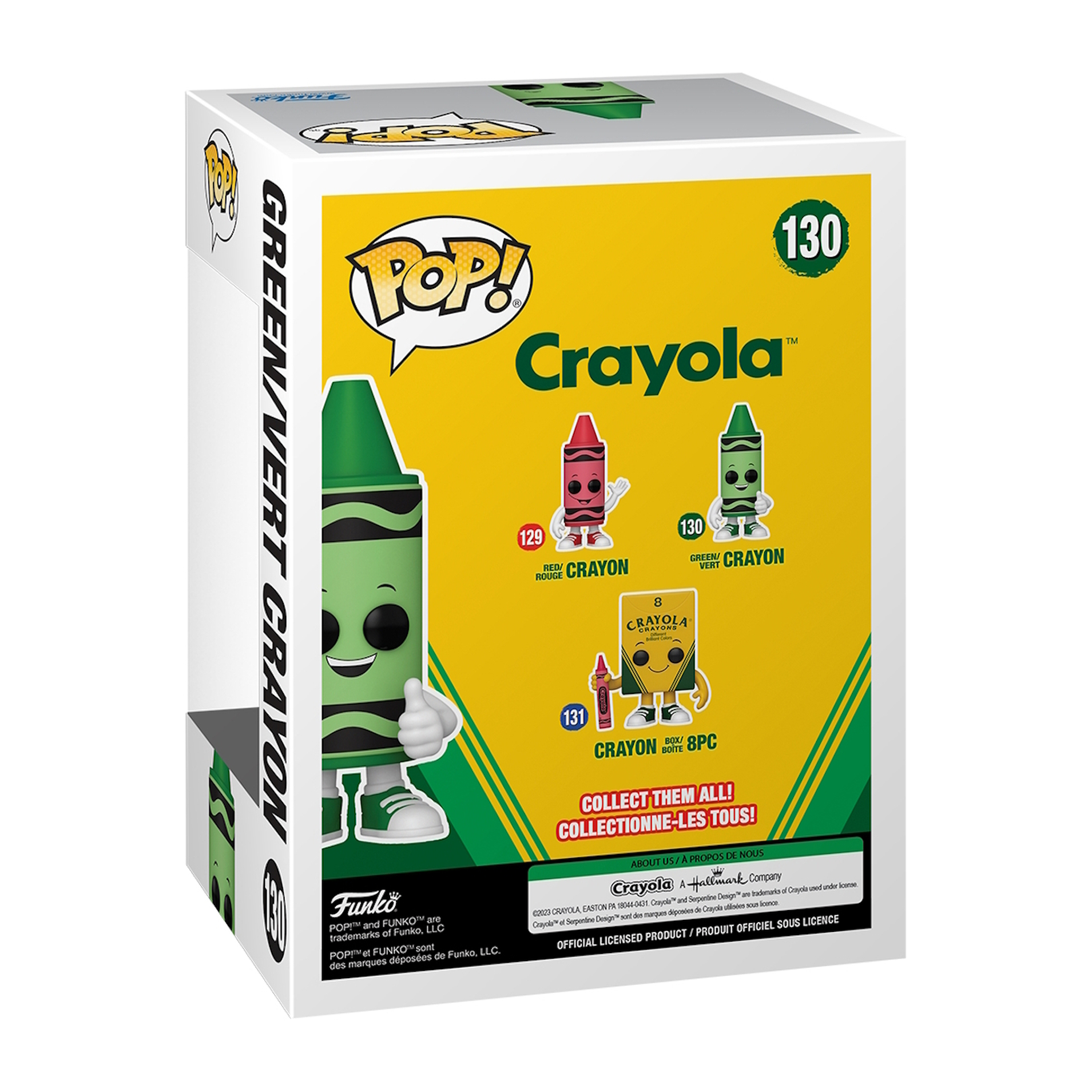 Eine grüne Crayola-Buntstift Funko Pop-Box, mit einer lächelnden grünen Buntstiftfigur darauf.