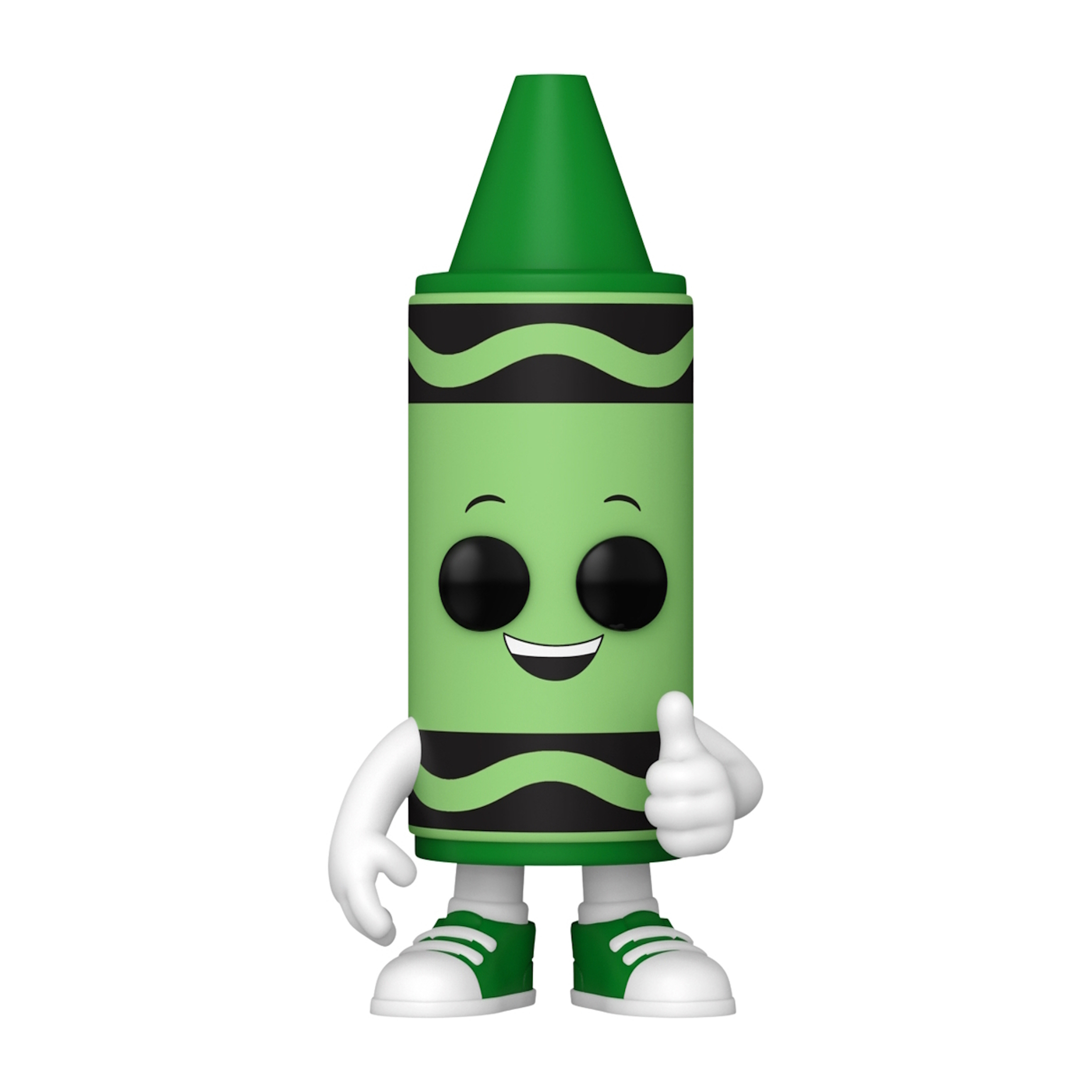Eine grüne Buntstiftfigur mit lächelndem Gesicht, schwarzen Augen und Daumen hoch. Weißer Hintergrund.