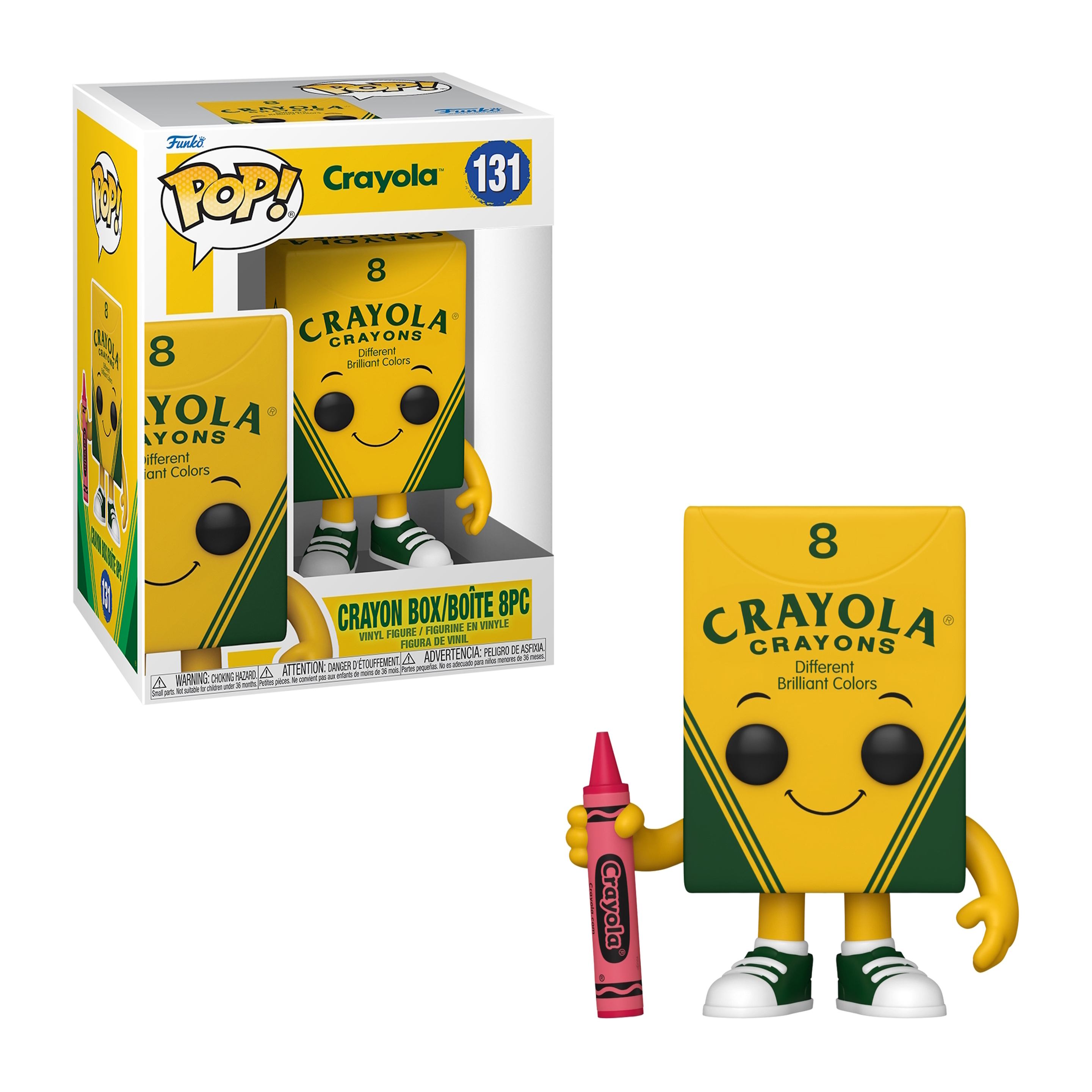 Eine Crayola-Buntstiftbox-Figur und ein separater Buntstift. Die Box ist gelb und grün mit einem Smiley-Gesicht.