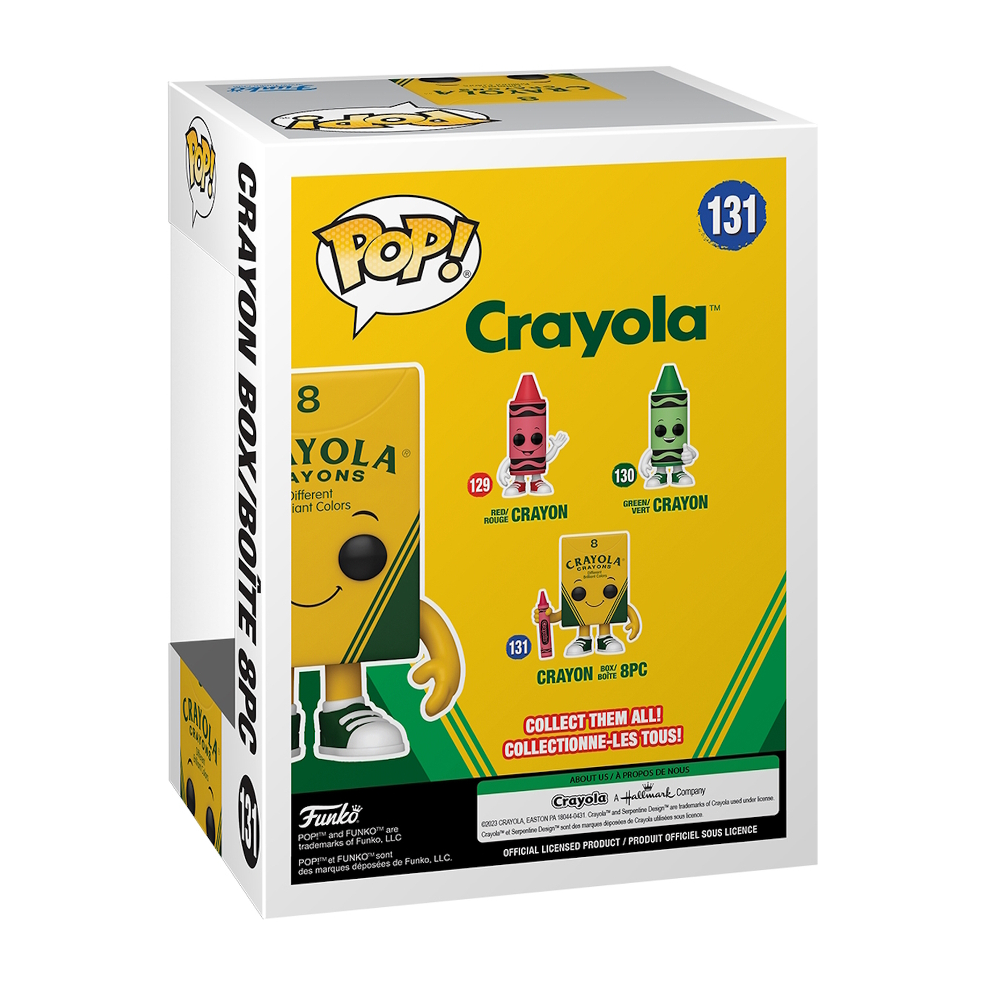 Crayola-Box mit Buntstiftfiguren. Die Box ist gelb mit Crayola-Branding und Bildern.