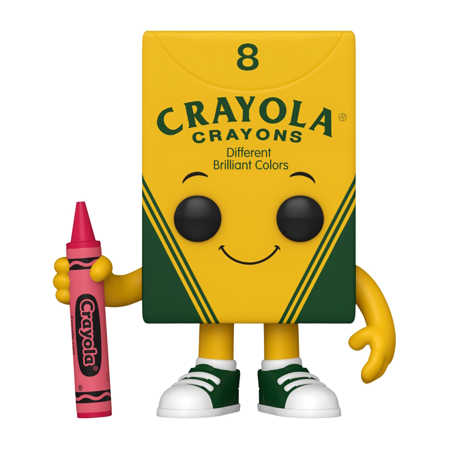 Eine Crayola-Buntstiftfigur, die einen roten Buntstift hält. Sie lächelt und hat einen gelben Körper.