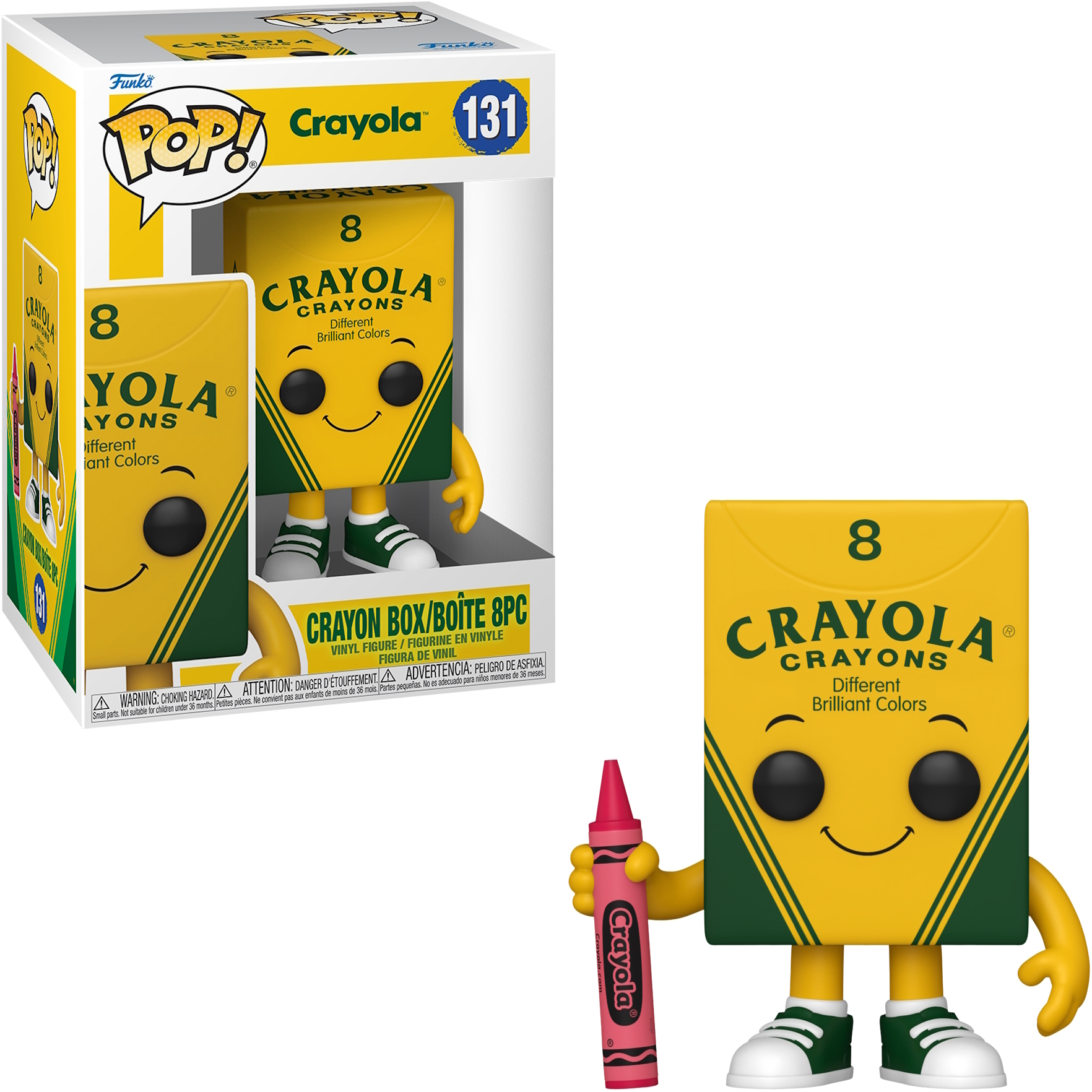 Crayola Crayons Funko Pop Box und Figur. Die Figur hält einen Buntstift.