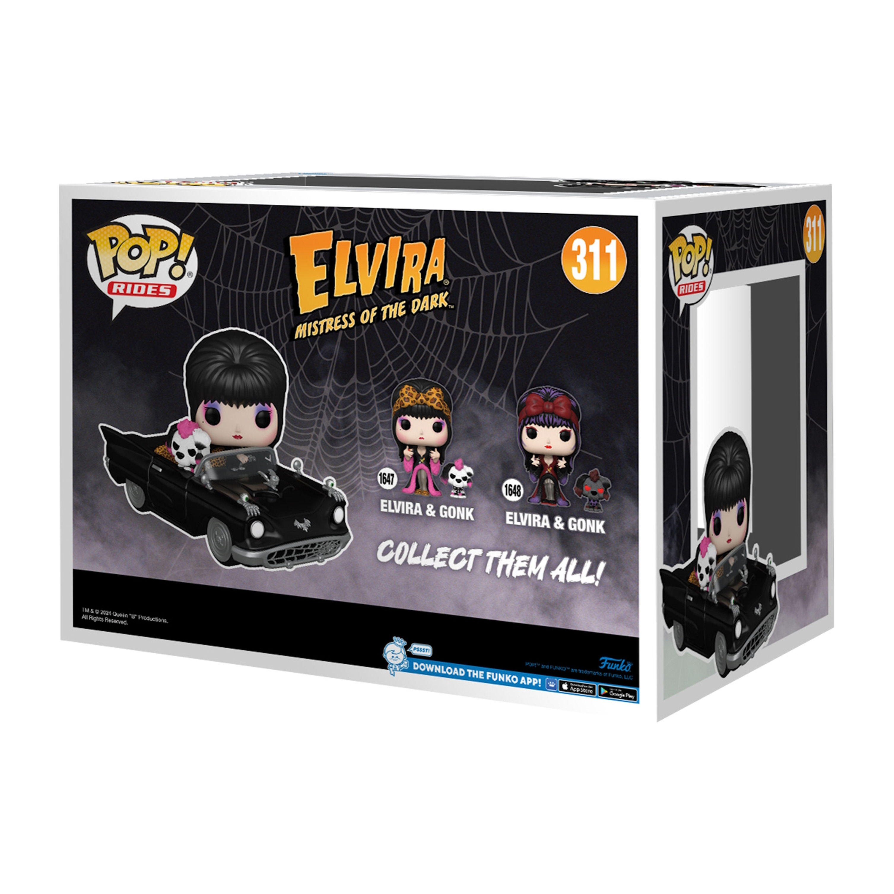 Caja Funko Pop de Elvira, Mistress of the Dark. Muestra al personaje en un coche y en una figura Funko Pop.