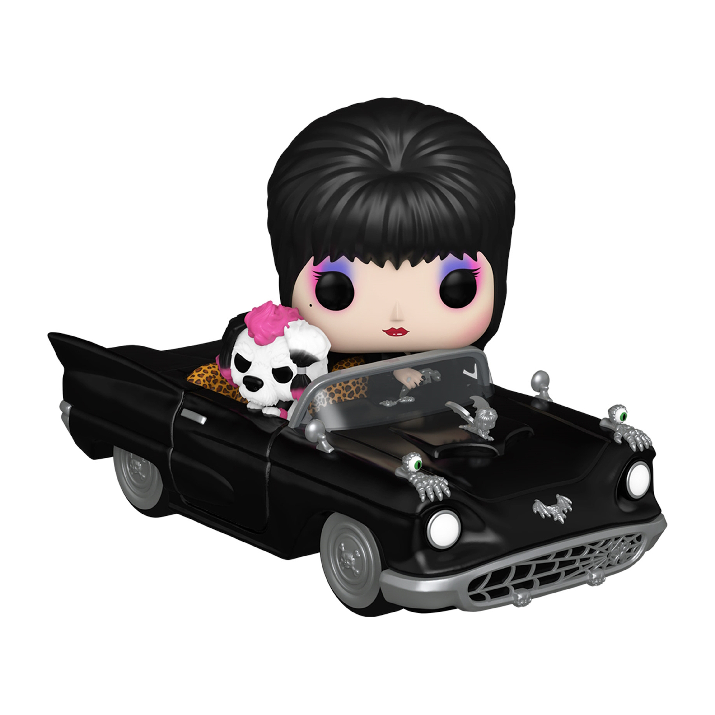 Juguete de Elvira en un coche negro. Tiene cabello negro y una calavera en el asiento del copiloto.