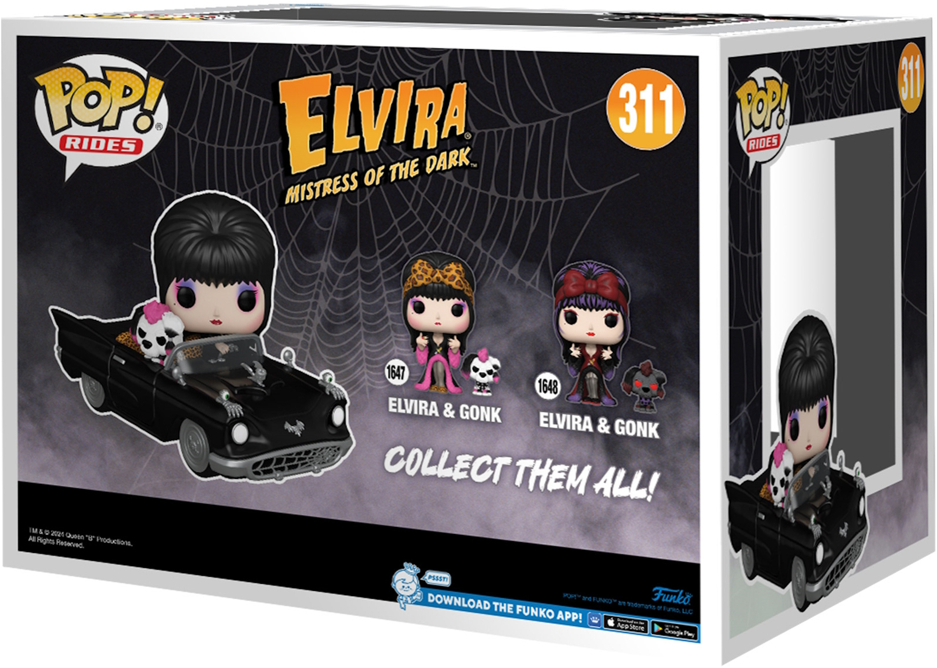 Caja Funko Pop con figura de Elvira, coche negro y otras figuras.