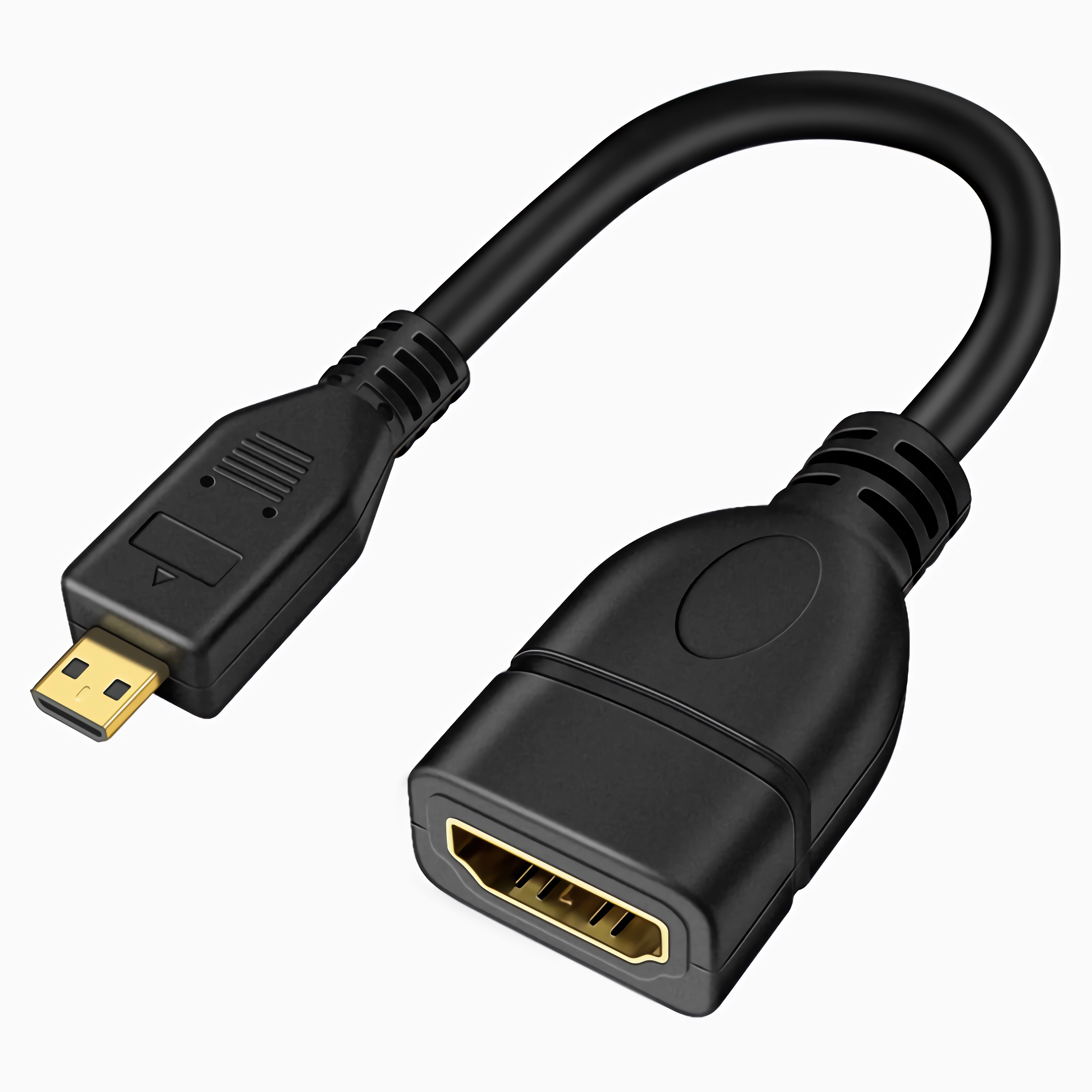 Schwarzes HDMI-zu-Micro-USB-Adapterkabel. Ein Ende ist HDMI-Buchse, das andere Micro-USB-Stecker.