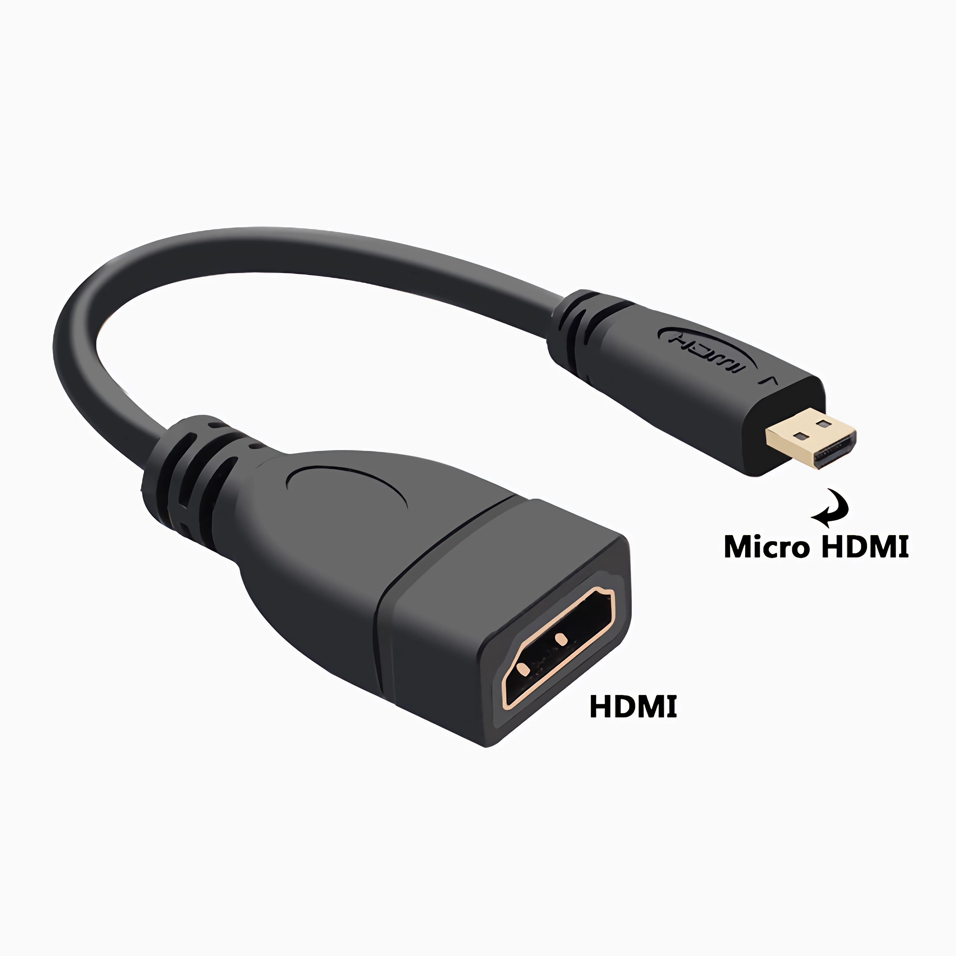 Ein HDMI-zu-Micro-HDMI-Kabel, schwarz, mit beschrifteten Anschlüssen.