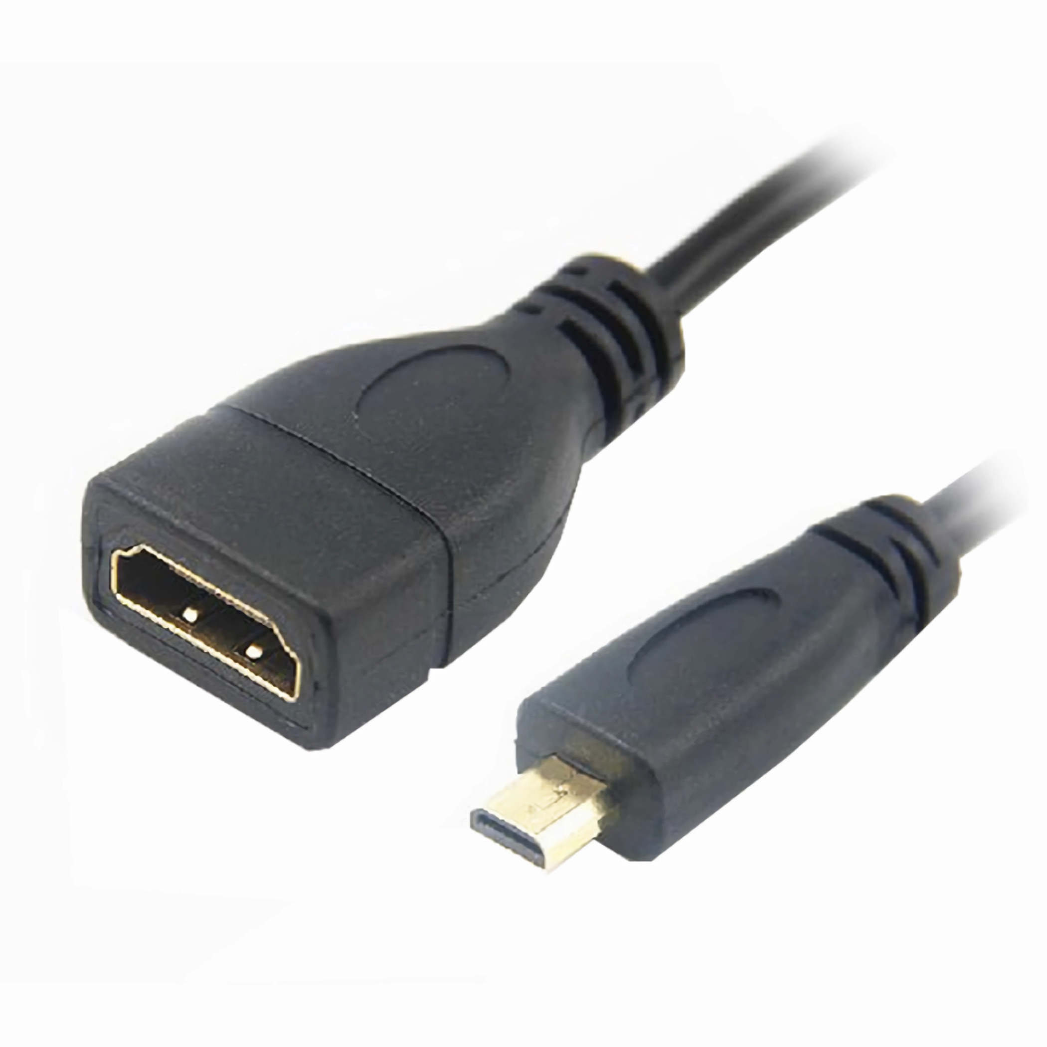 Schwarzes HDMI-zu-Micro-HDMI-Adapterkabel auf weißem Hintergrund. Ein Ende ist HDMI, das andere Micro-HDMI.