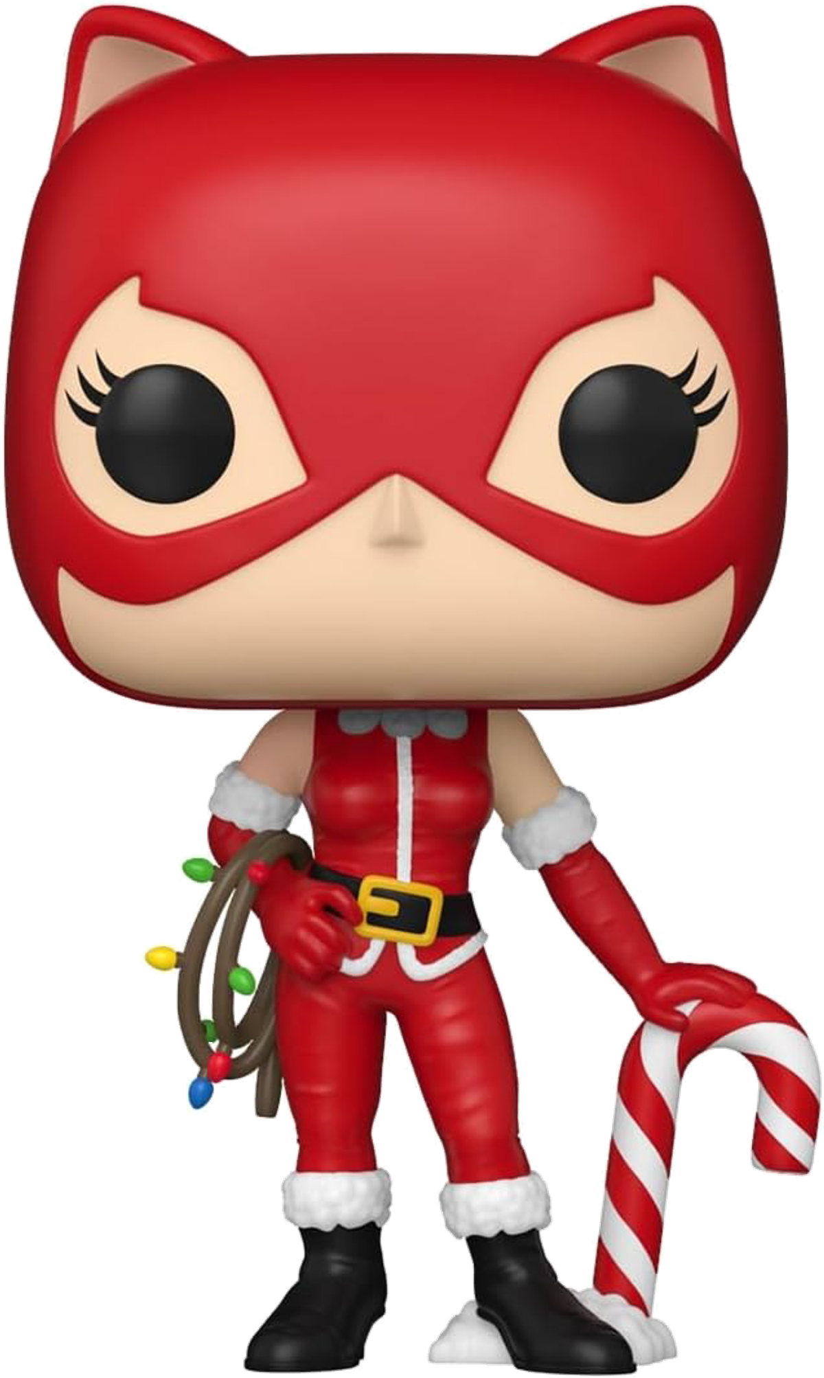 Figura Funko Pop de Catwoman con traje rojo, sosteniendo un bastón de caramelo y un látigo.