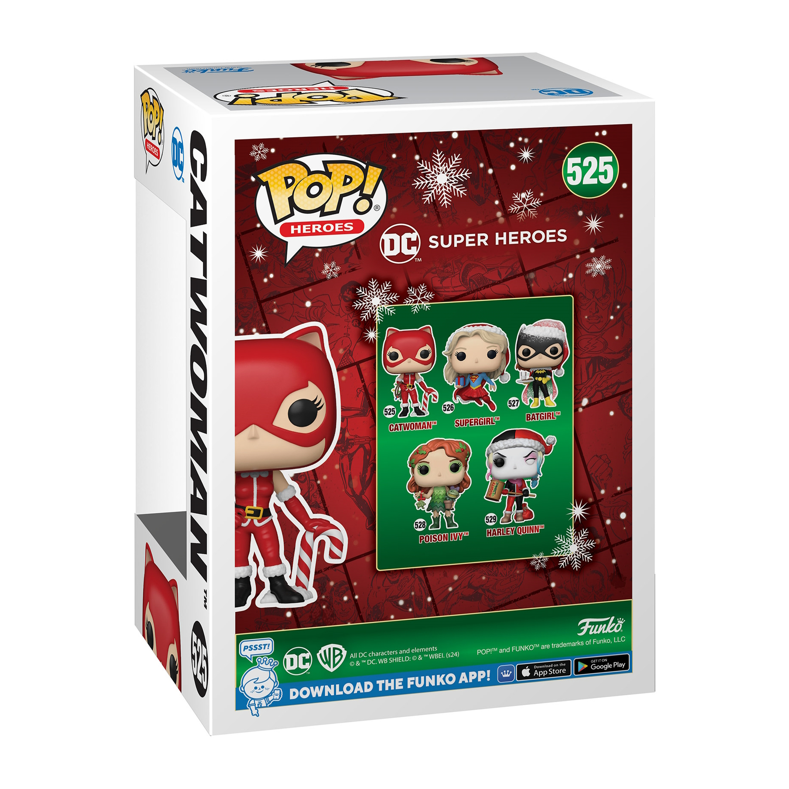 Caja Pop! de Catwoman, con la figura de Catwoman en la parte delantera y personajes en la trasera.