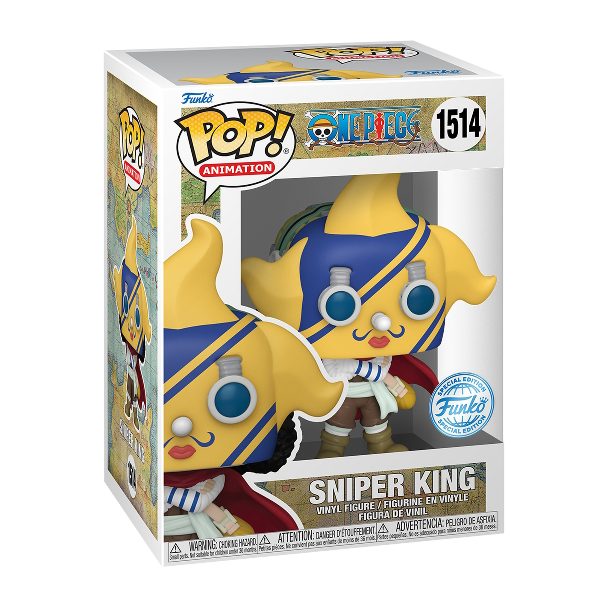 Sniper King Figur aus One Piece in Box, gelbe Figur mit blauen Akzenten und rotem Umhang.