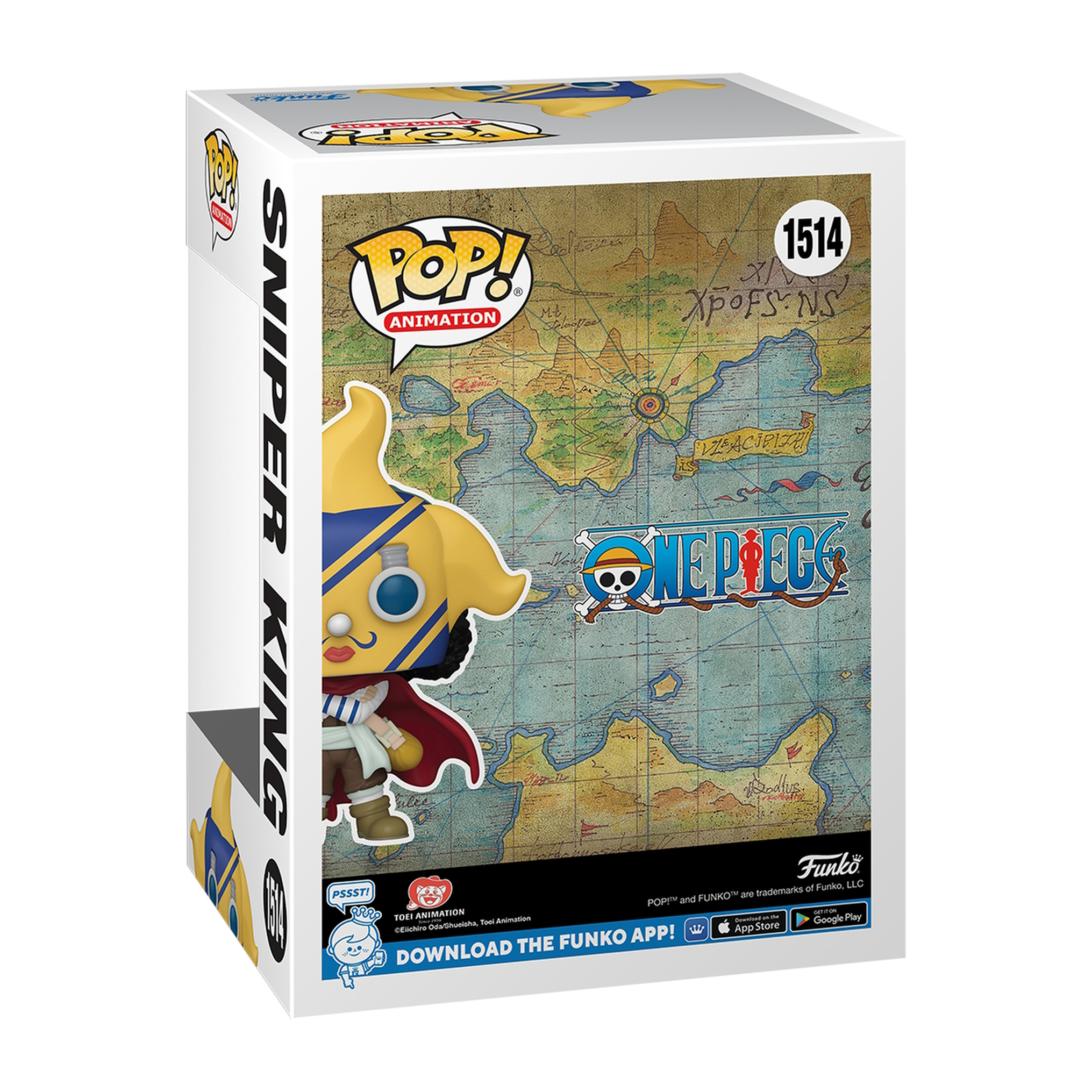 Funko Pop-Box mit einer Figur einer Figur aus One Piece. Die Box hat ein Kartendesign.
