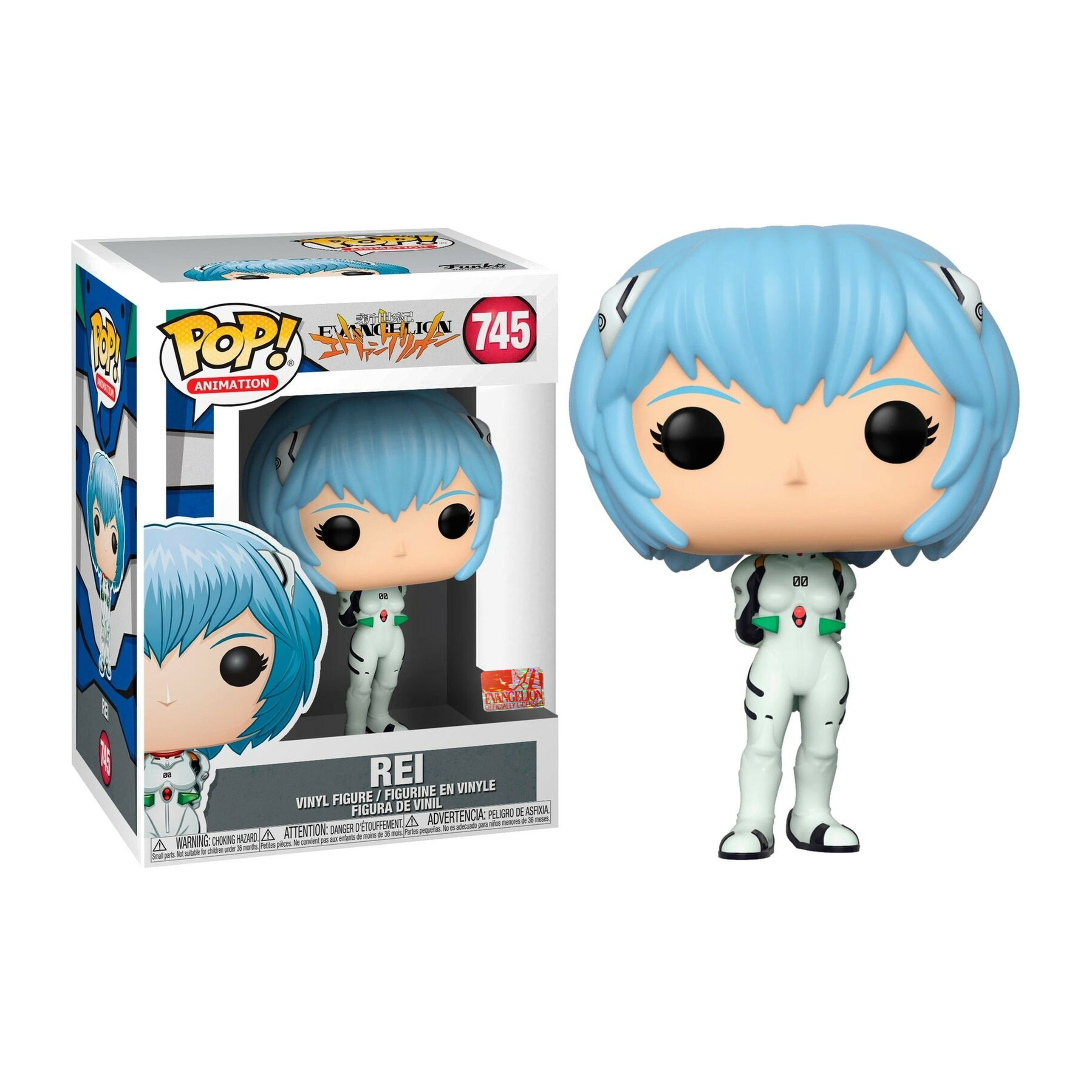 Rei Ayanami-Figur aus Evangelion, mit Box links. Sie trägt einen weißen Anzug.